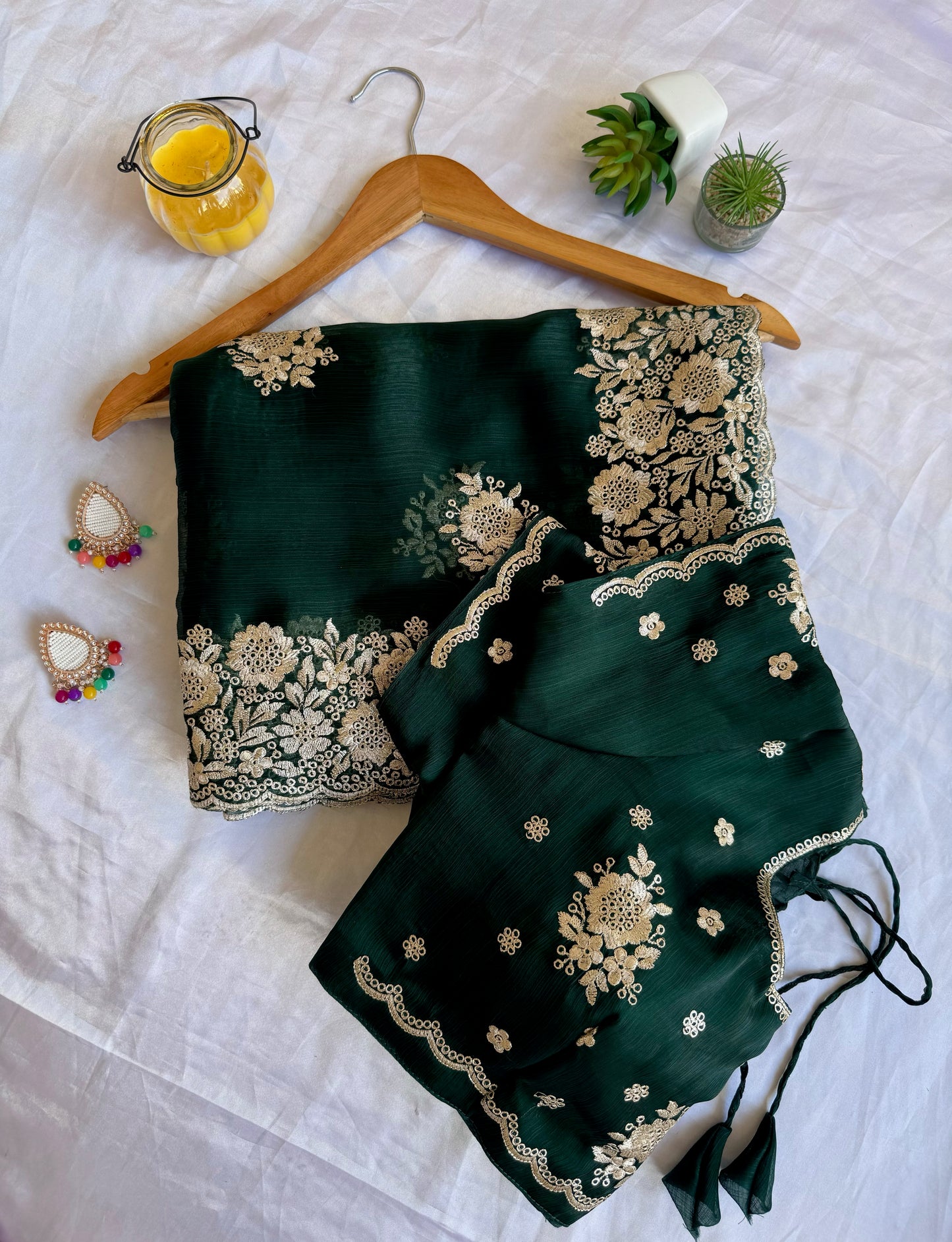 Imperial Emerald Jimmy Choo Saree with Grand Silver Zari Scalloped Borders