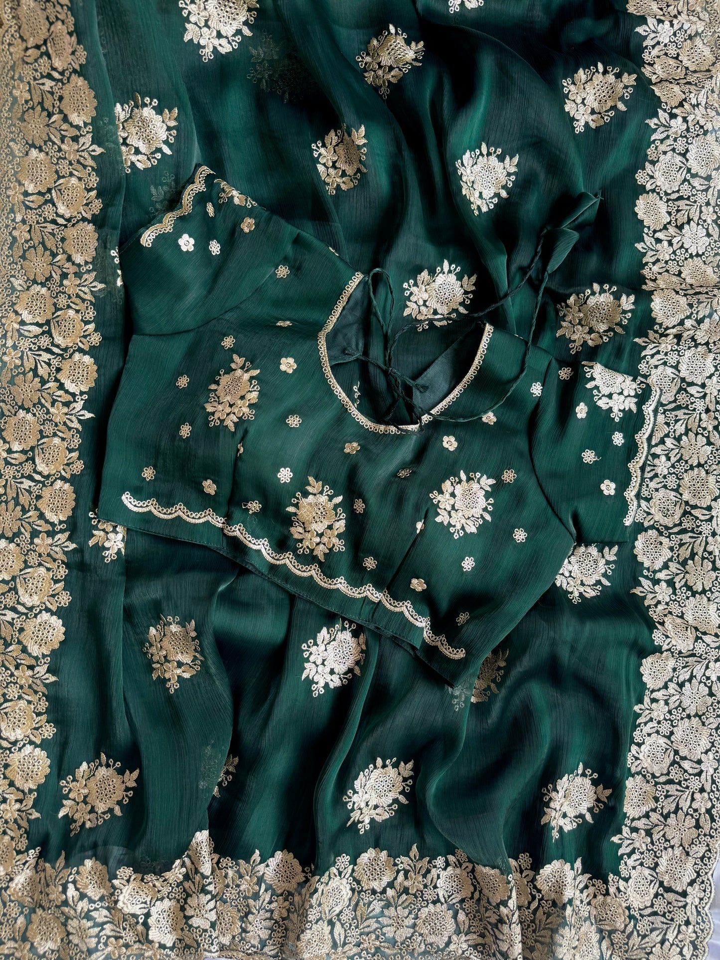 Imperial Emerald Jimmy Choo Saree with Grand Silver Zari Scalloped Borders