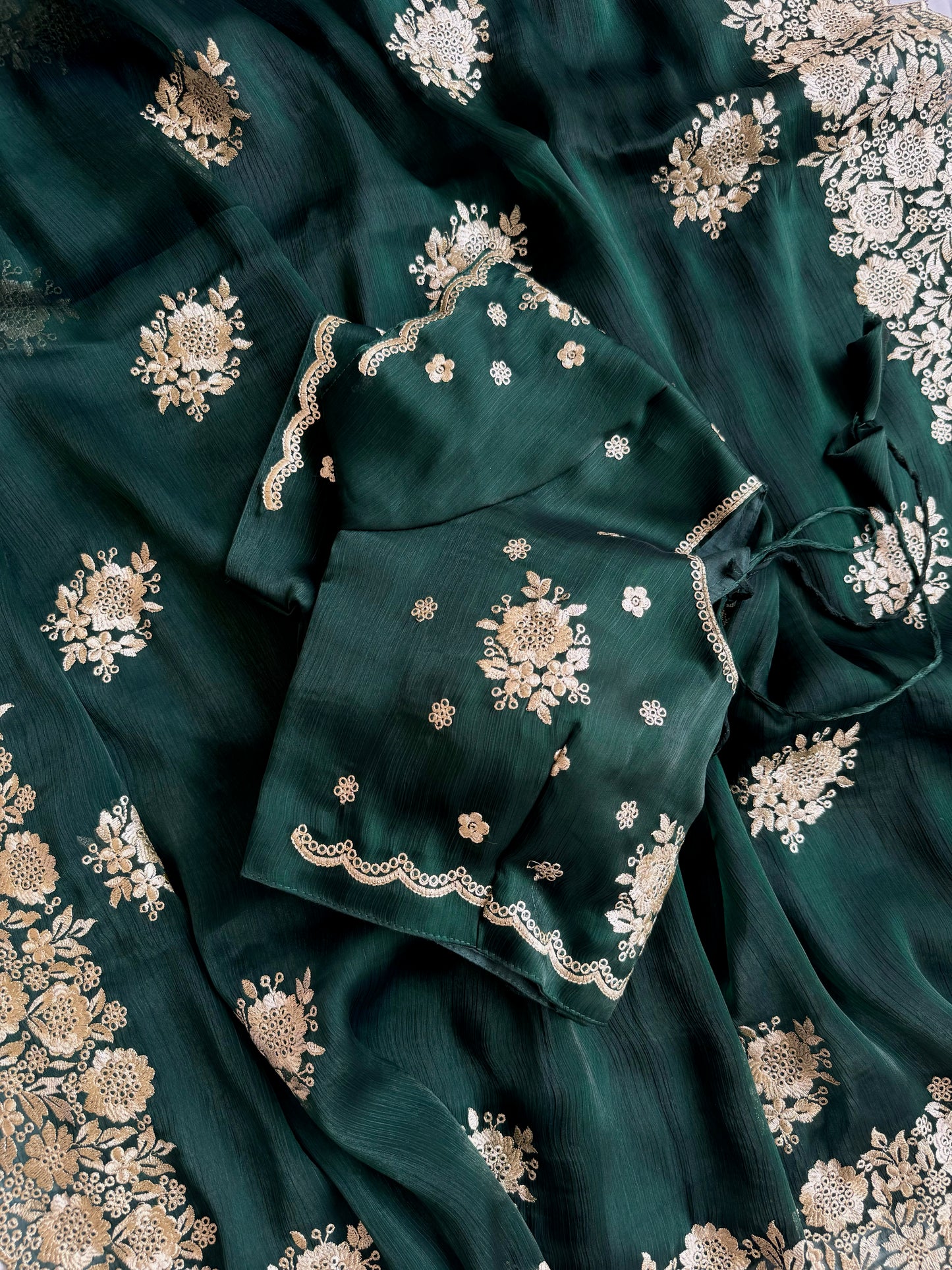 Imperial Emerald Jimmy Choo Saree with Grand Silver Zari Scalloped Borders