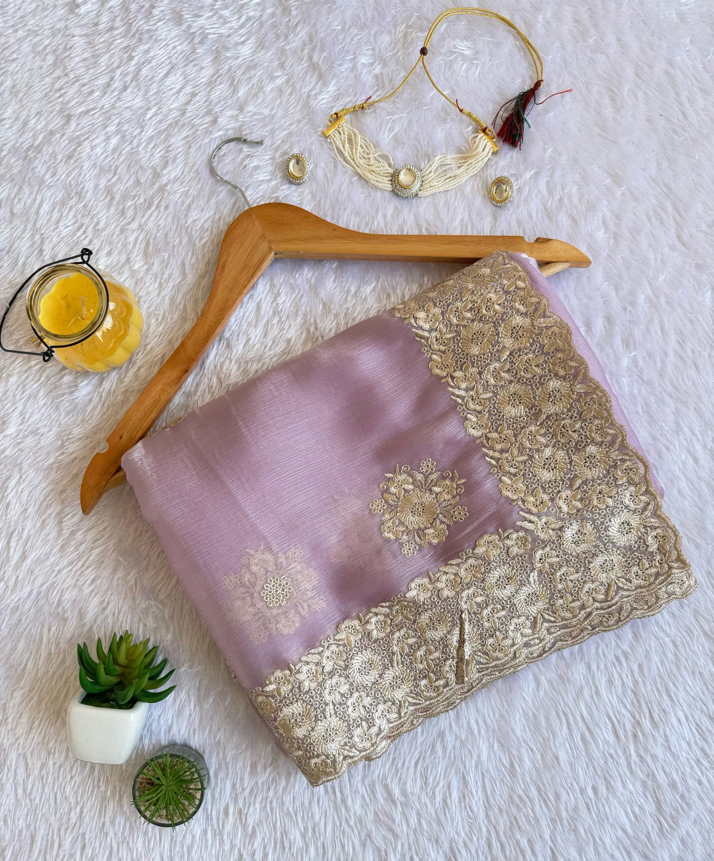 Metallic Lurex Silk Jimmy Choo Saree with Grand Floral Cutwork Border