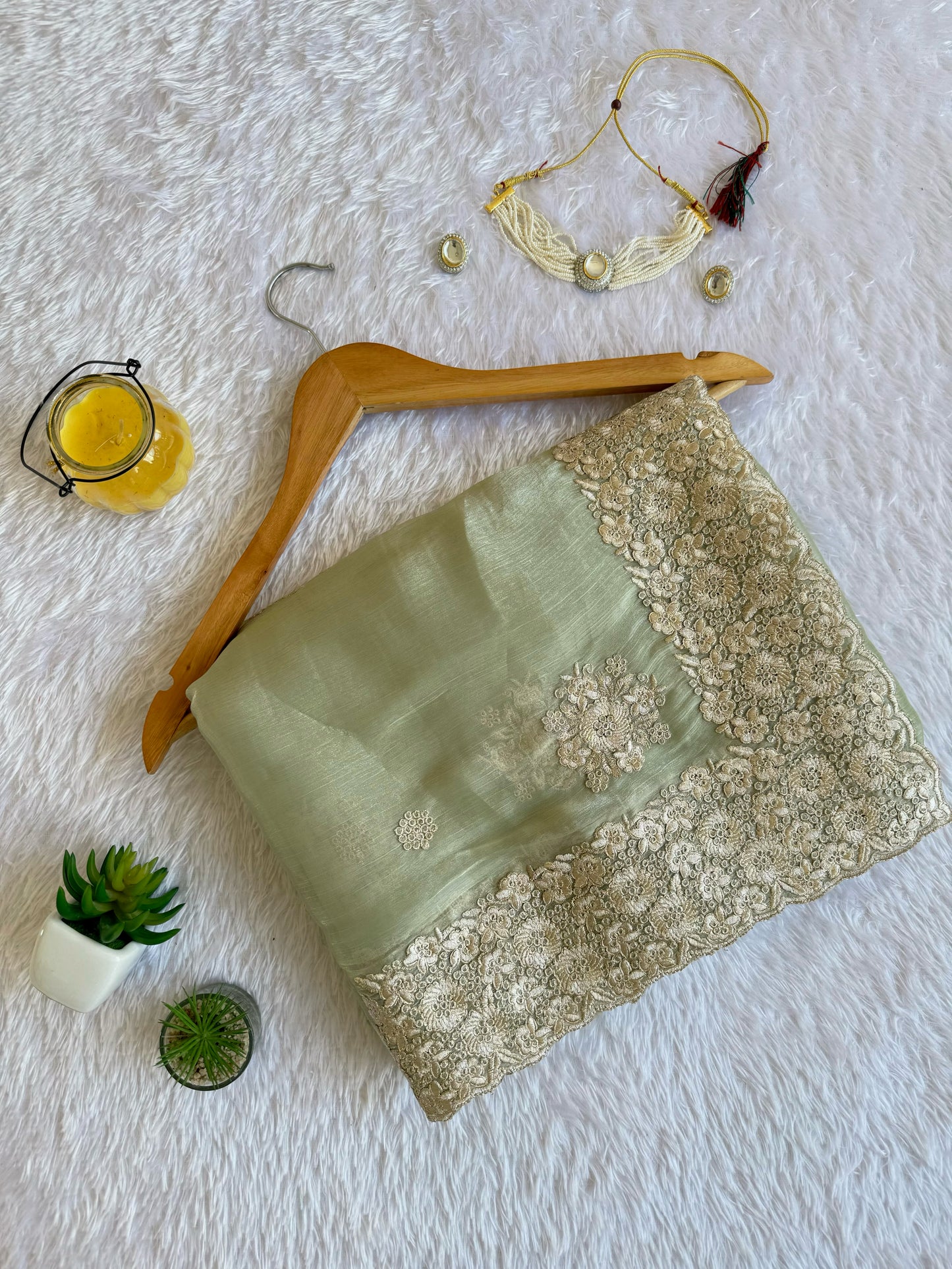 Metallic Lurex Silk Jimmy Choo Saree with Grand Floral Cutwork Border