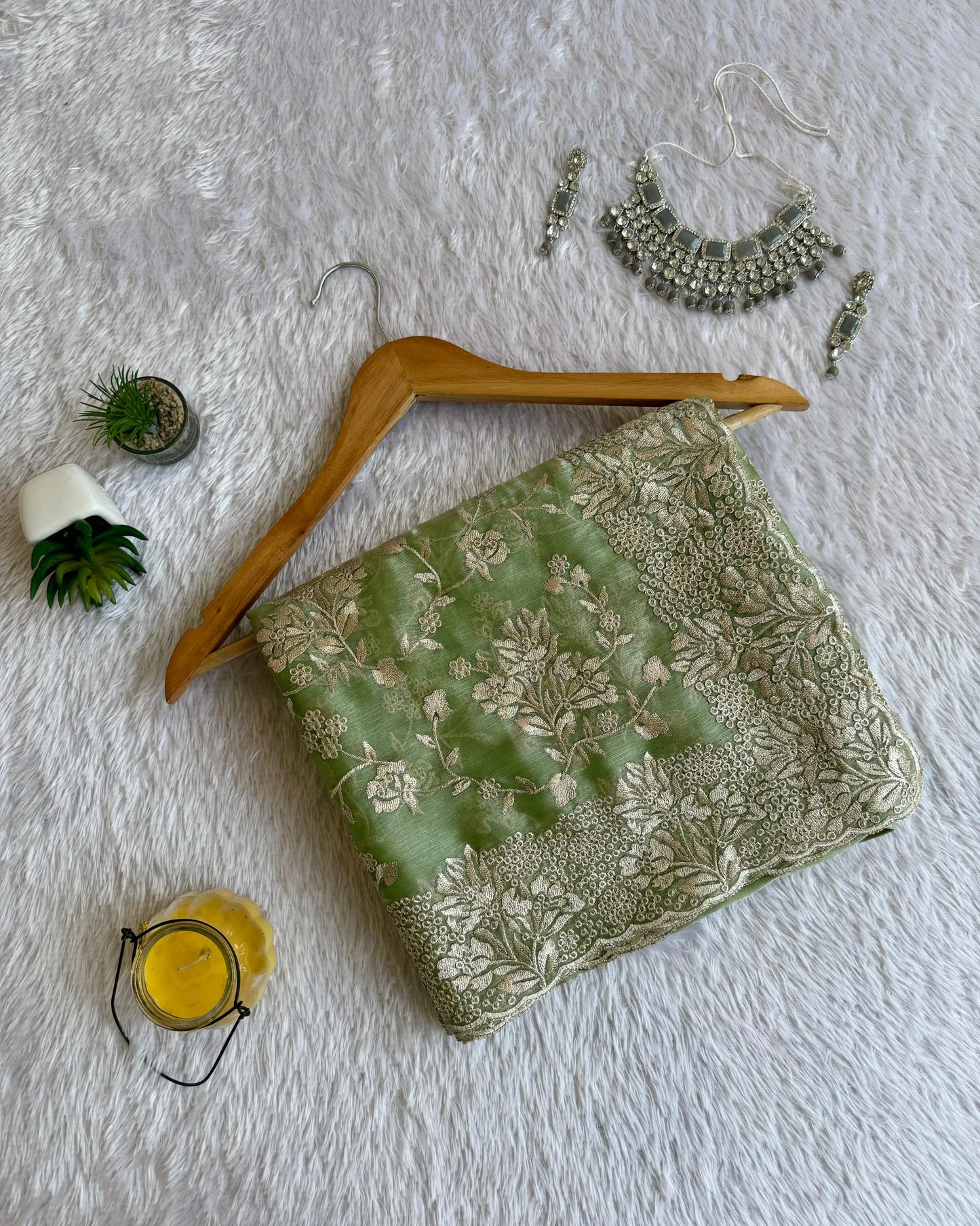 Elegant Floral Jimmy Choo Saree with Silver Zari Embroidery