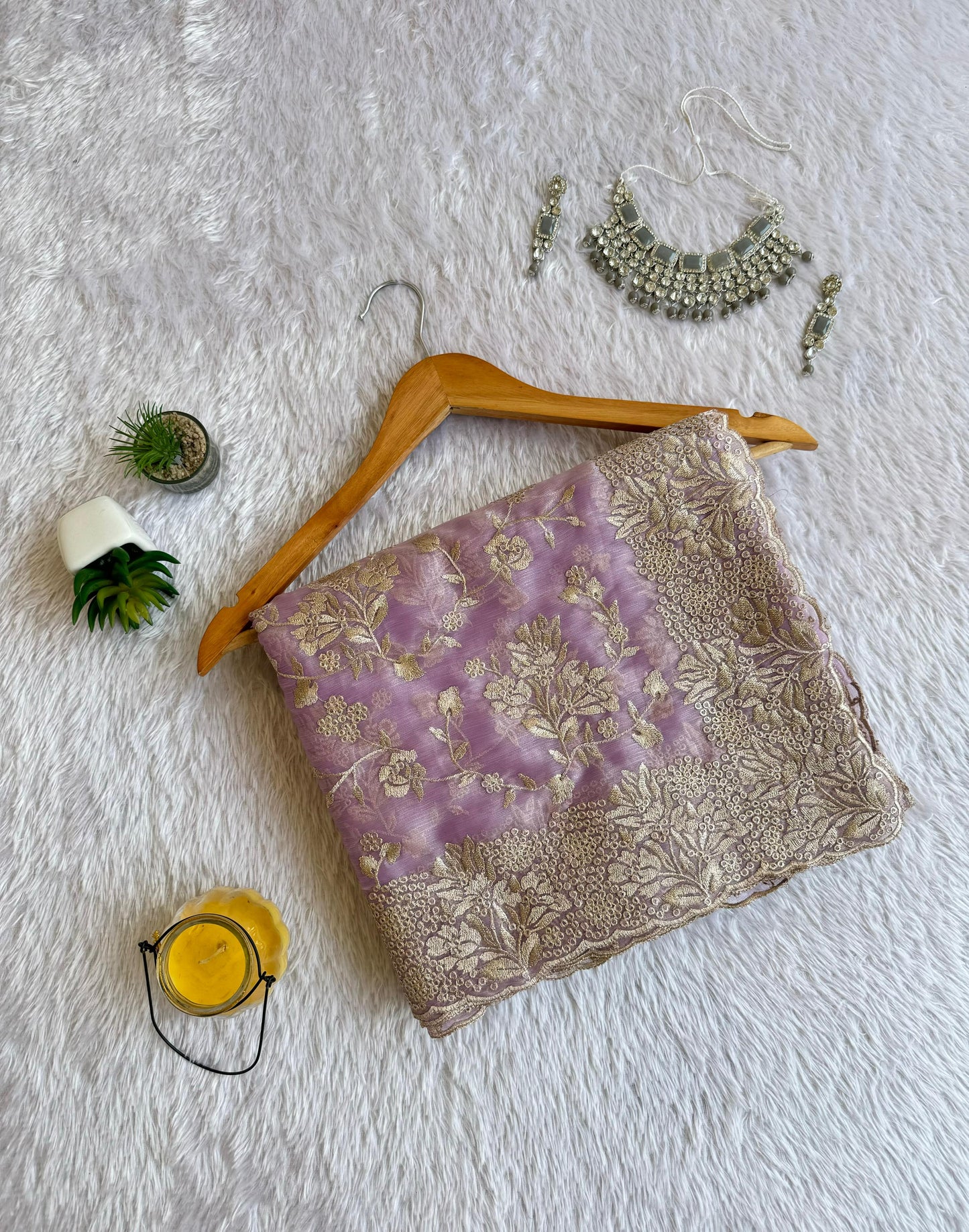 Elegant Floral Jimmy Choo Saree with Silver Zari Embroidery