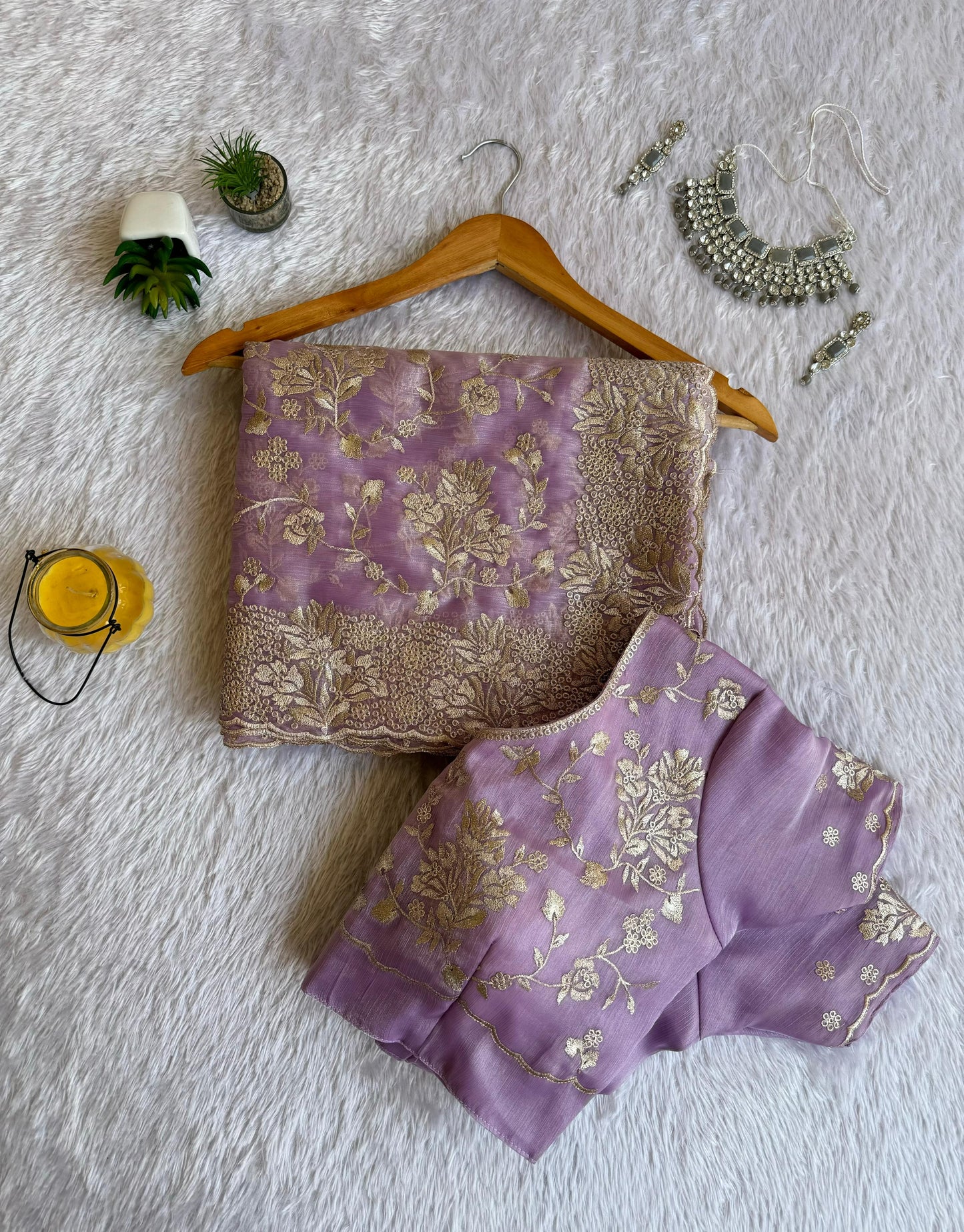 Elegant Floral Jimmy Choo Saree with Silver Zari Embroidery