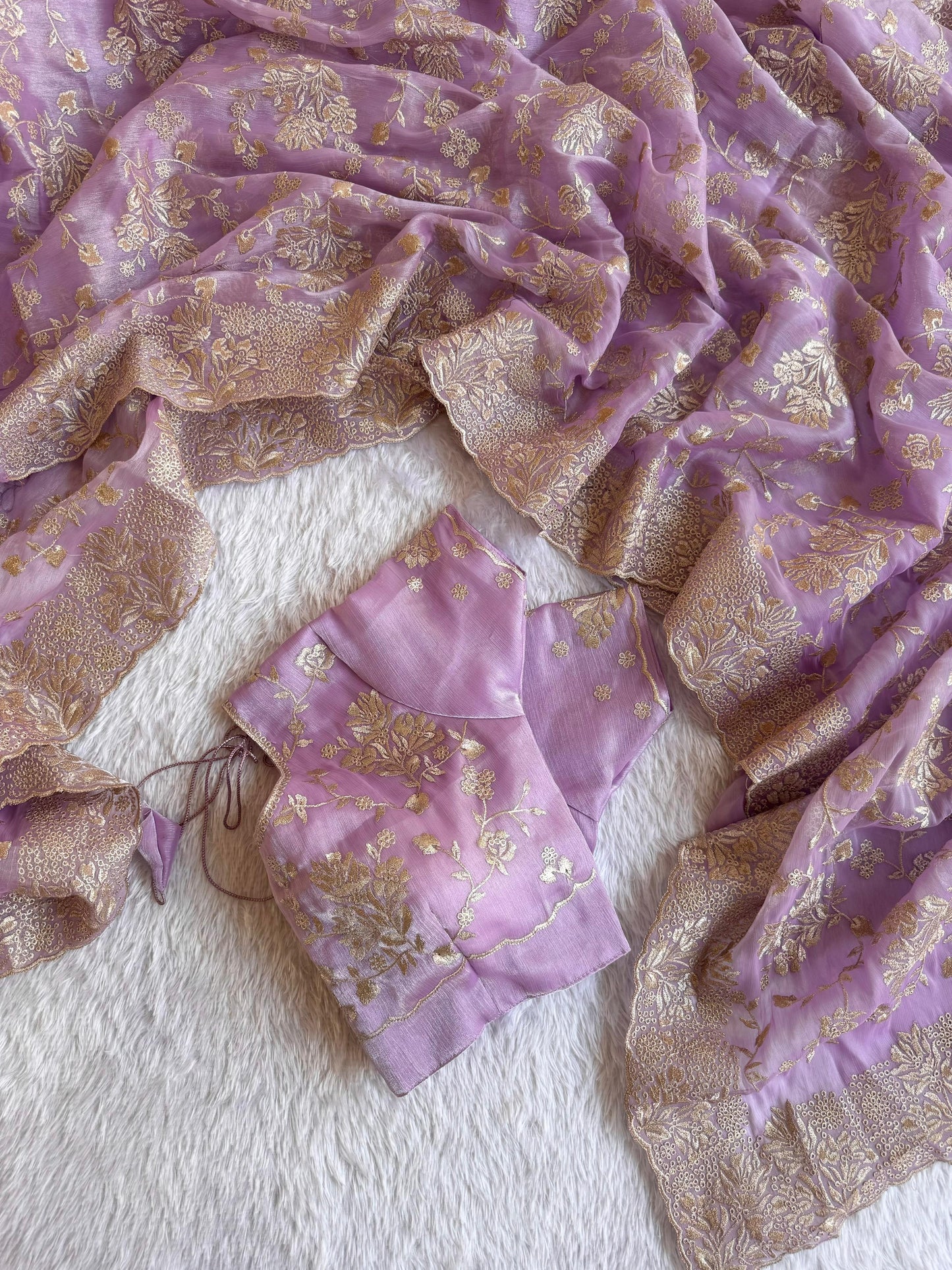 Elegant Floral Jimmy Choo Saree with Silver Zari Embroidery