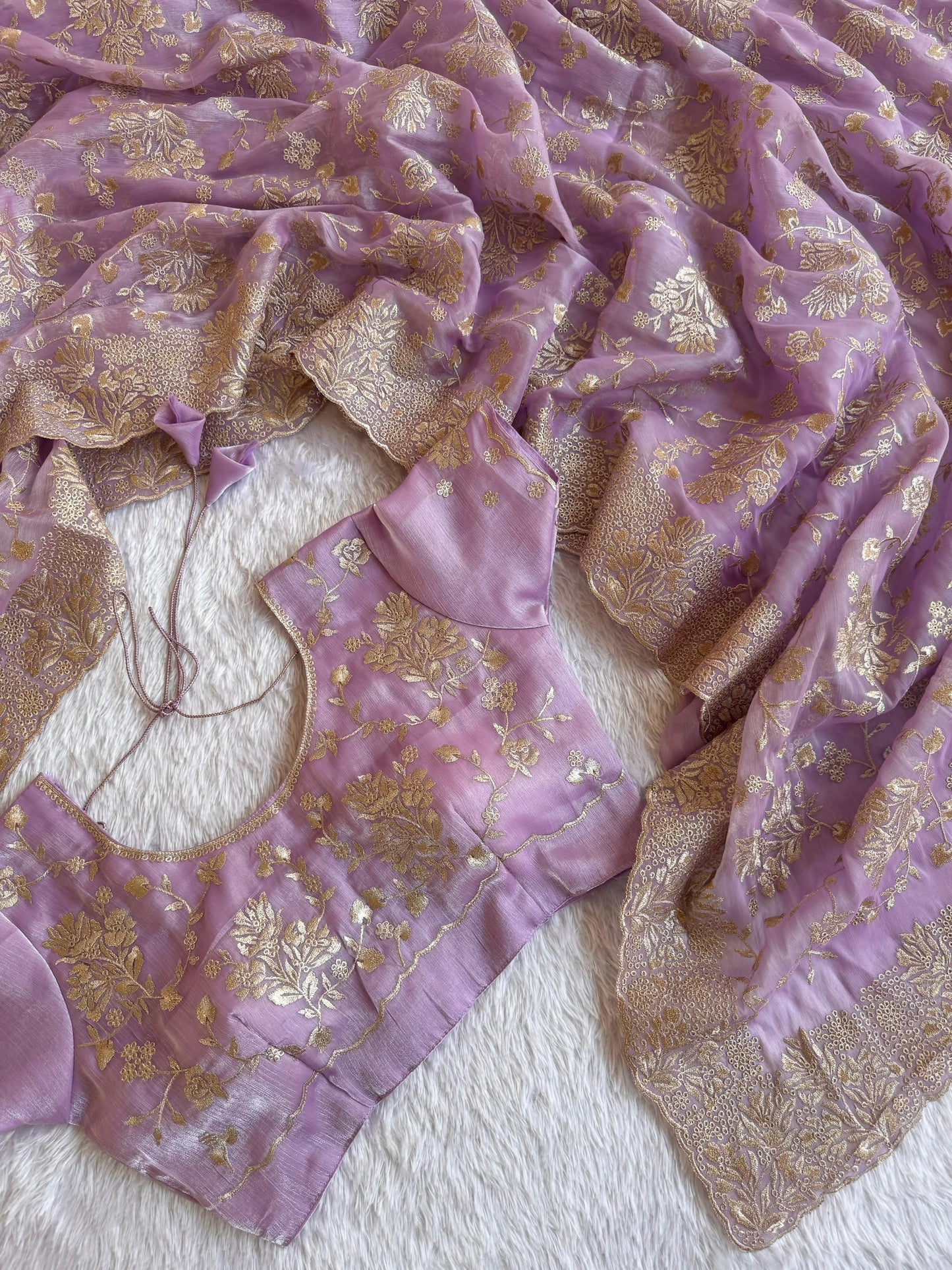 Elegant Floral Jimmy Choo Saree with Silver Zari Embroidery