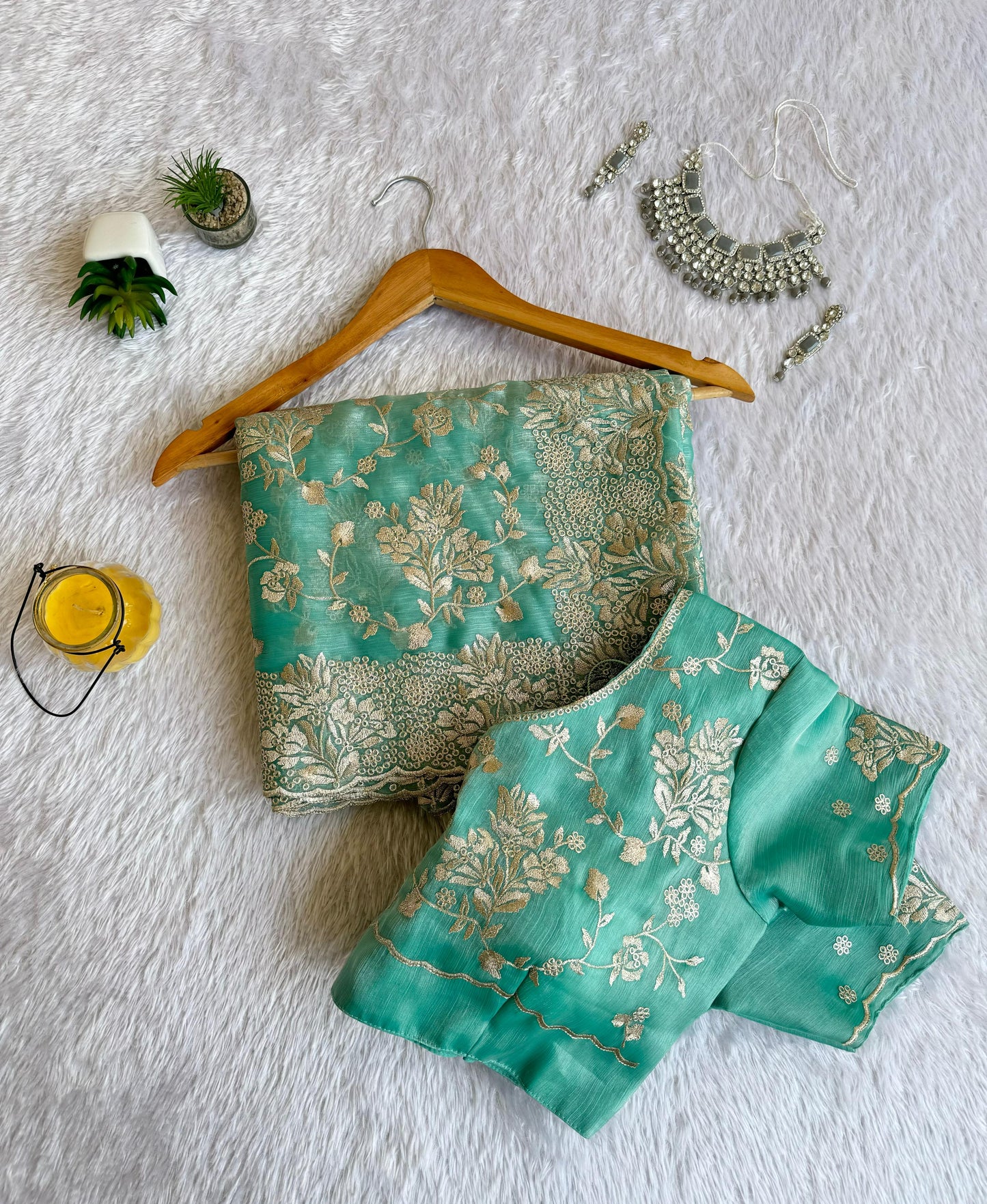Elegant Floral Jimmy Choo Saree with Silver Zari Embroidery