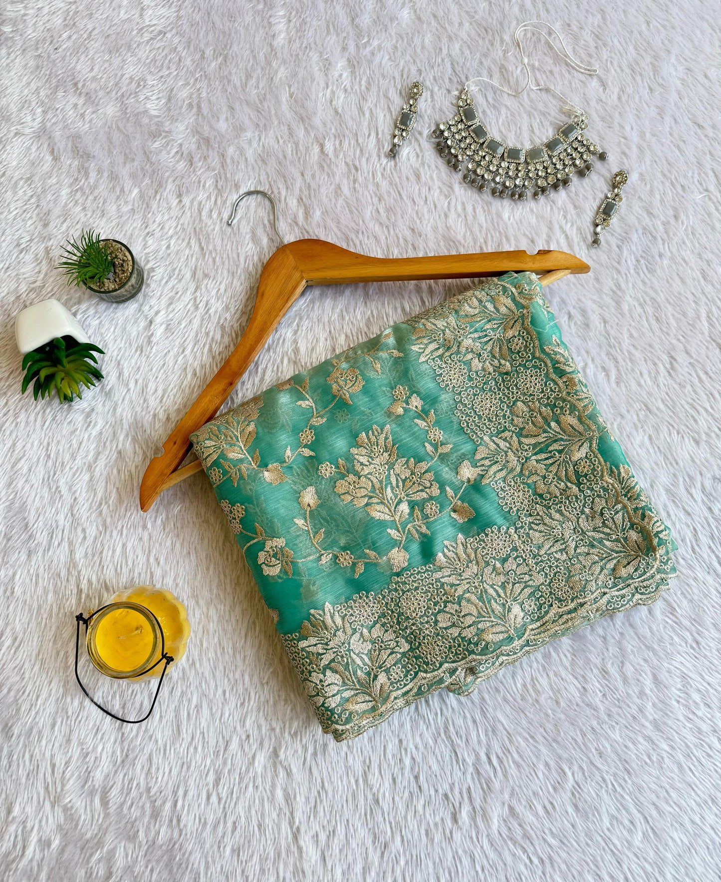 Elegant Floral Jimmy Choo Saree with Silver Zari Embroidery