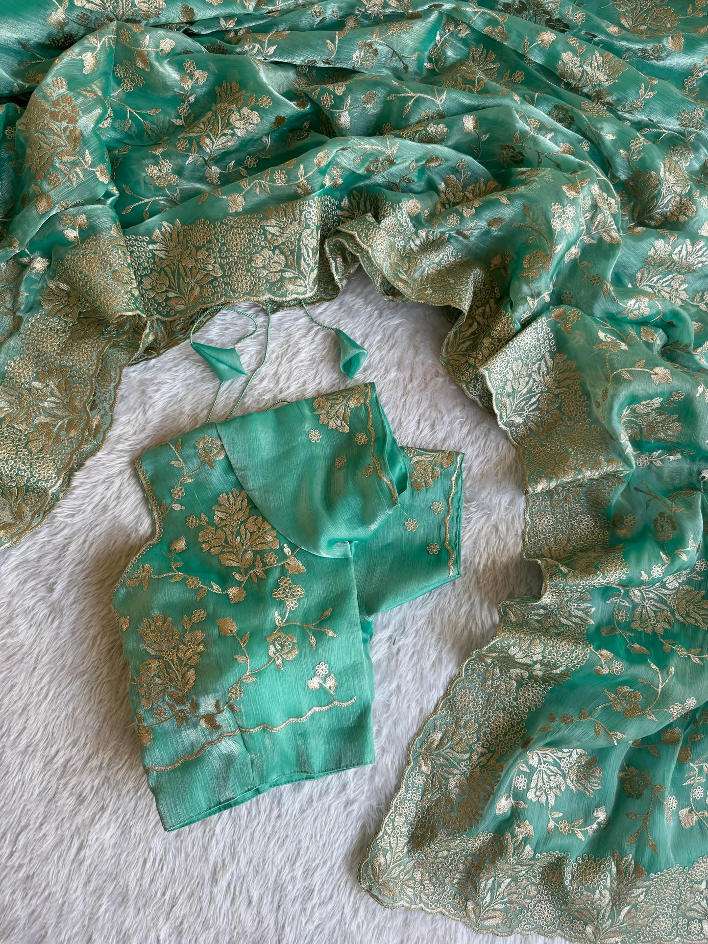 Elegant Floral Jimmy Choo Saree with Silver Zari Embroidery