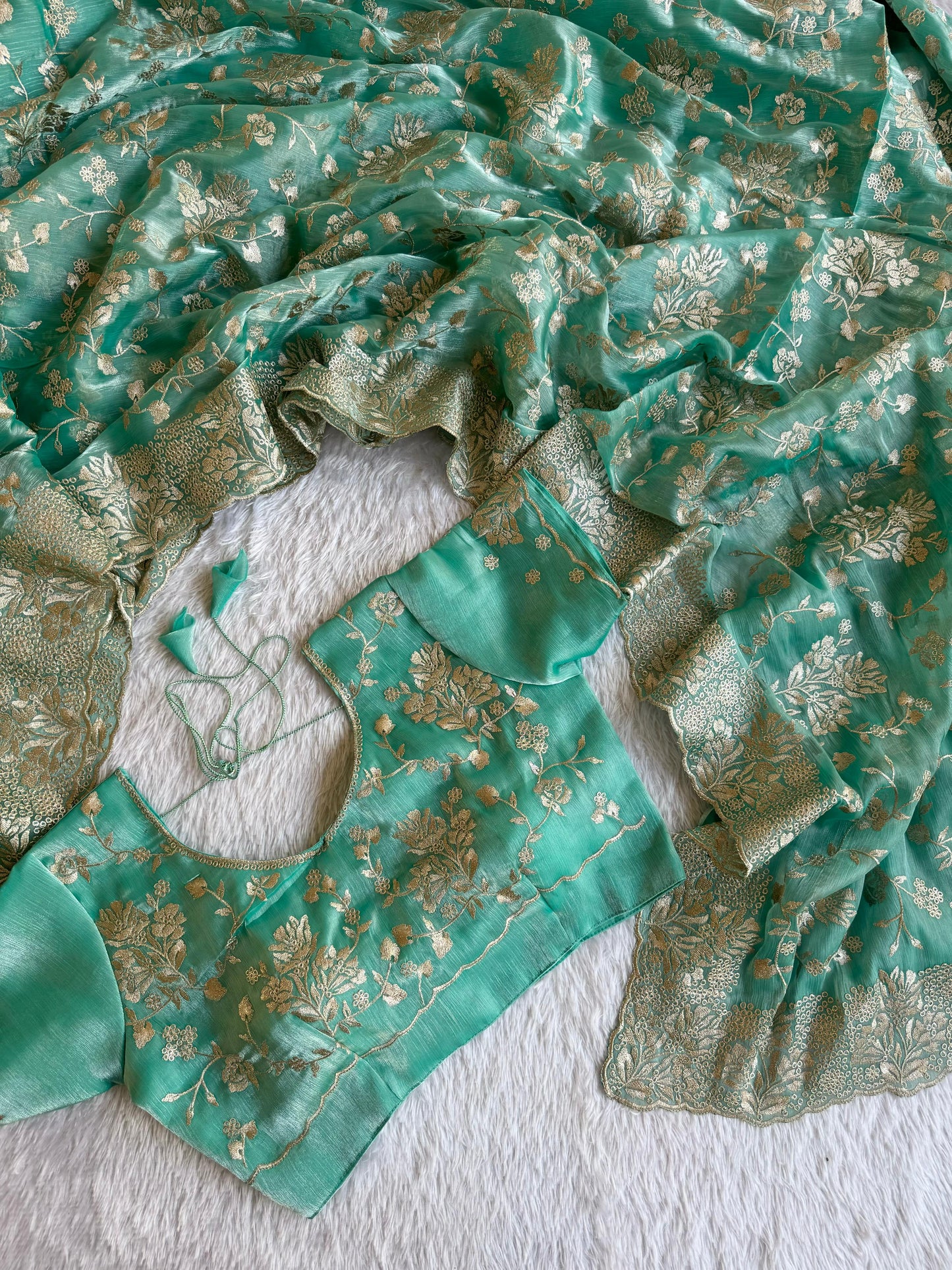 Elegant Floral Jimmy Choo Saree with Silver Zari Embroidery