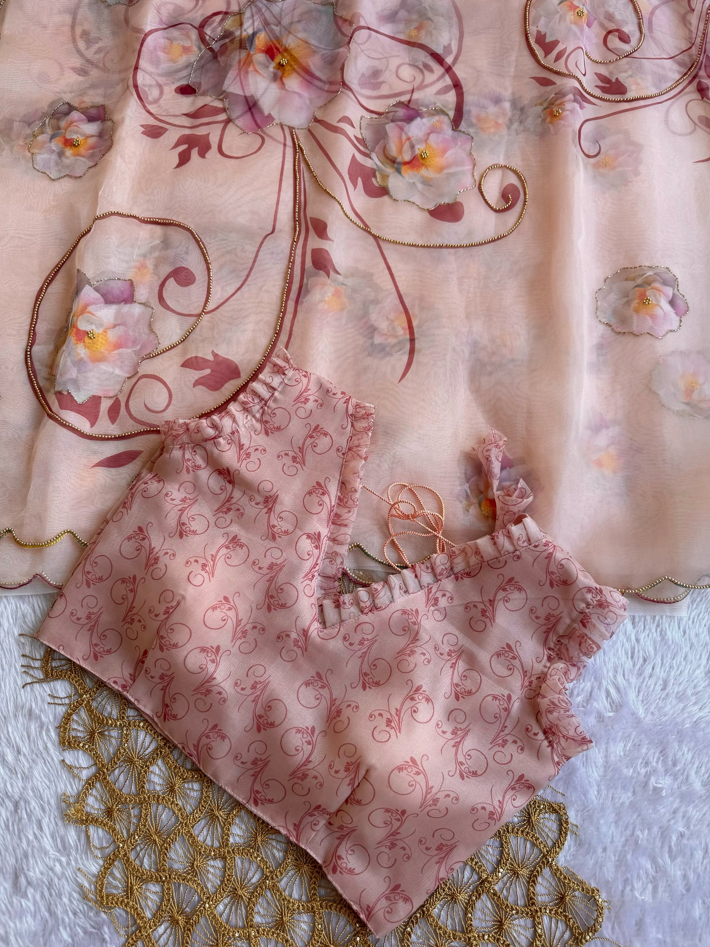 Peach Blossom Digital Print Poly Organza Saree with Ruffled Designer Blouse
