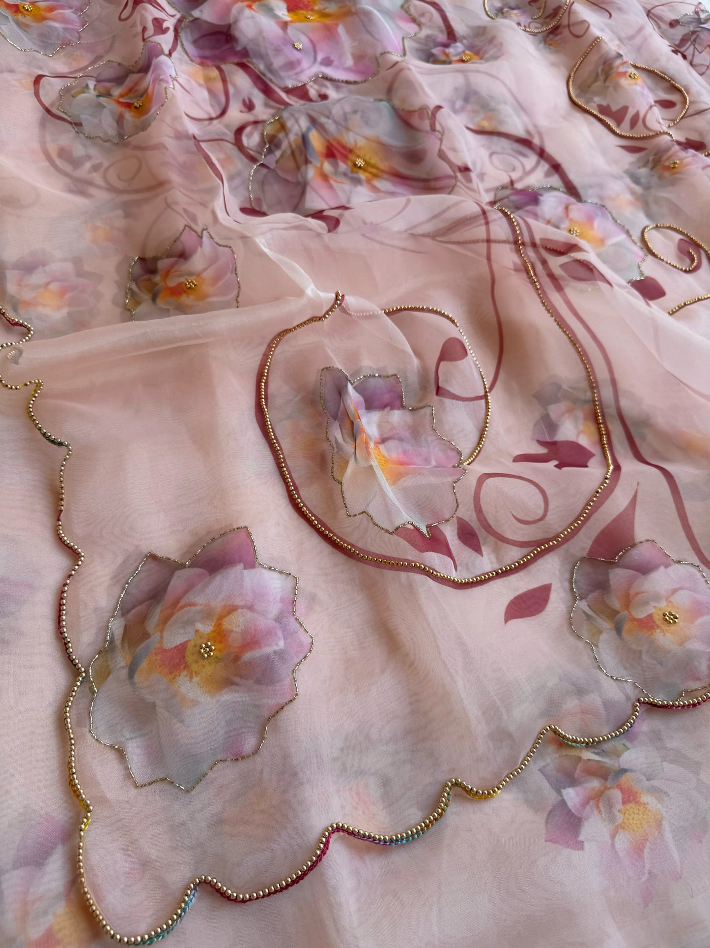 Peach Blossom Digital Print Poly Organza Saree with Ruffled Designer Blouse