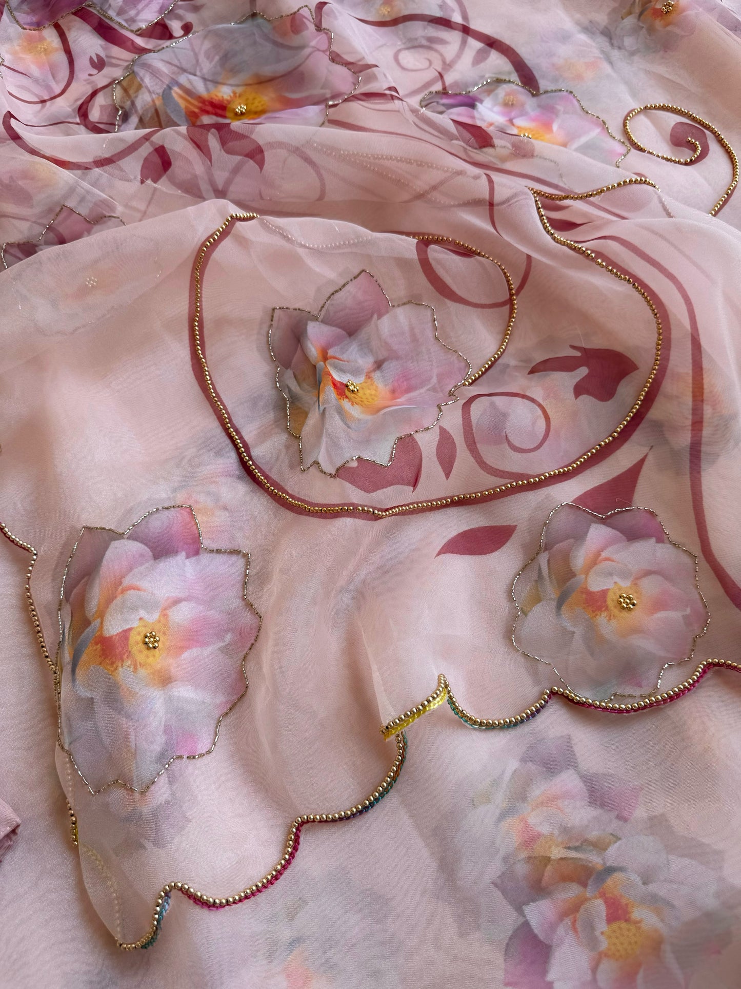 Peach Blossom Digital Print Poly Organza Saree with Ruffled Designer Blouse