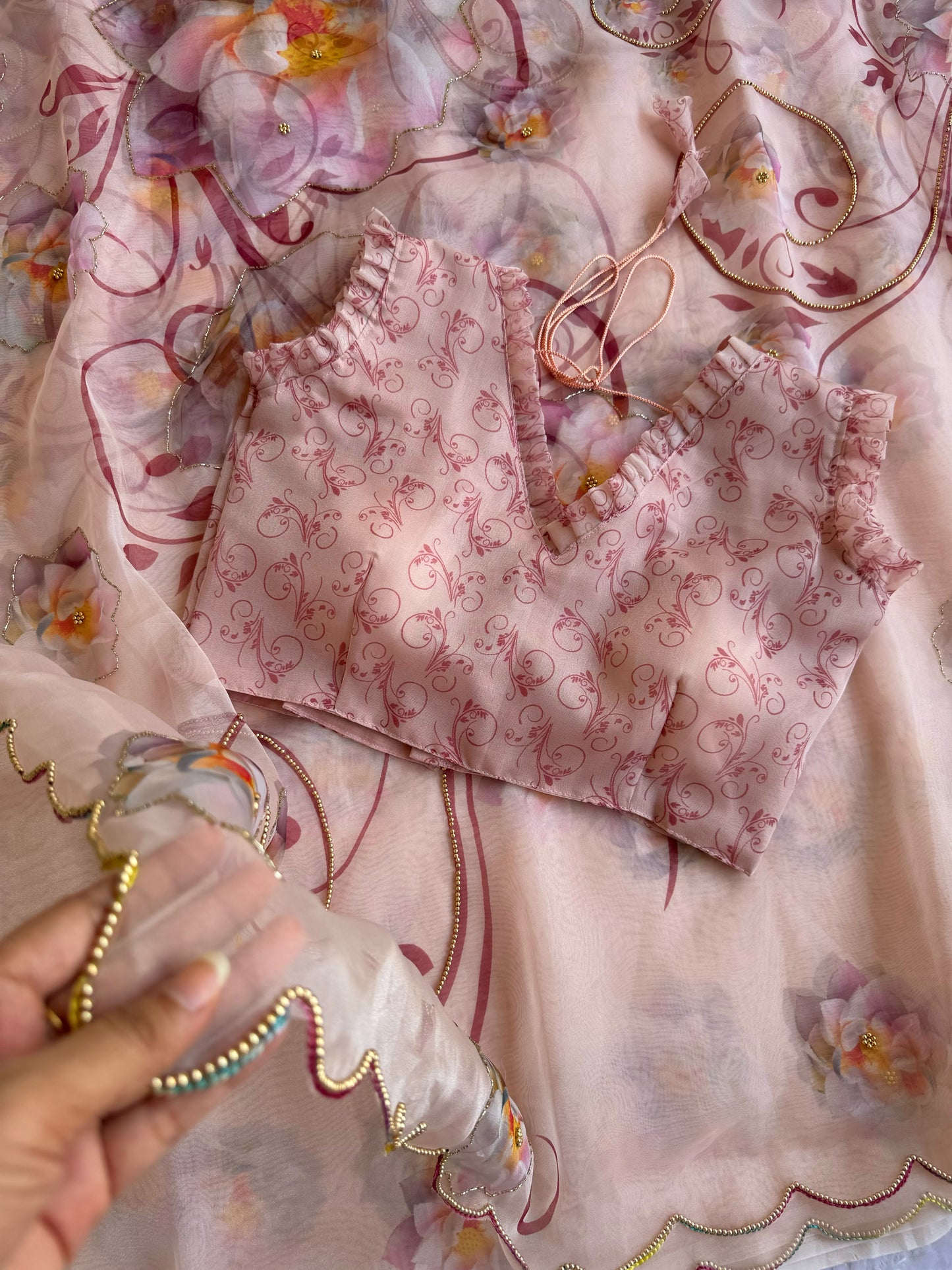 Peach Blossom Digital Print Poly Organza Saree with Ruffled Designer Blouse