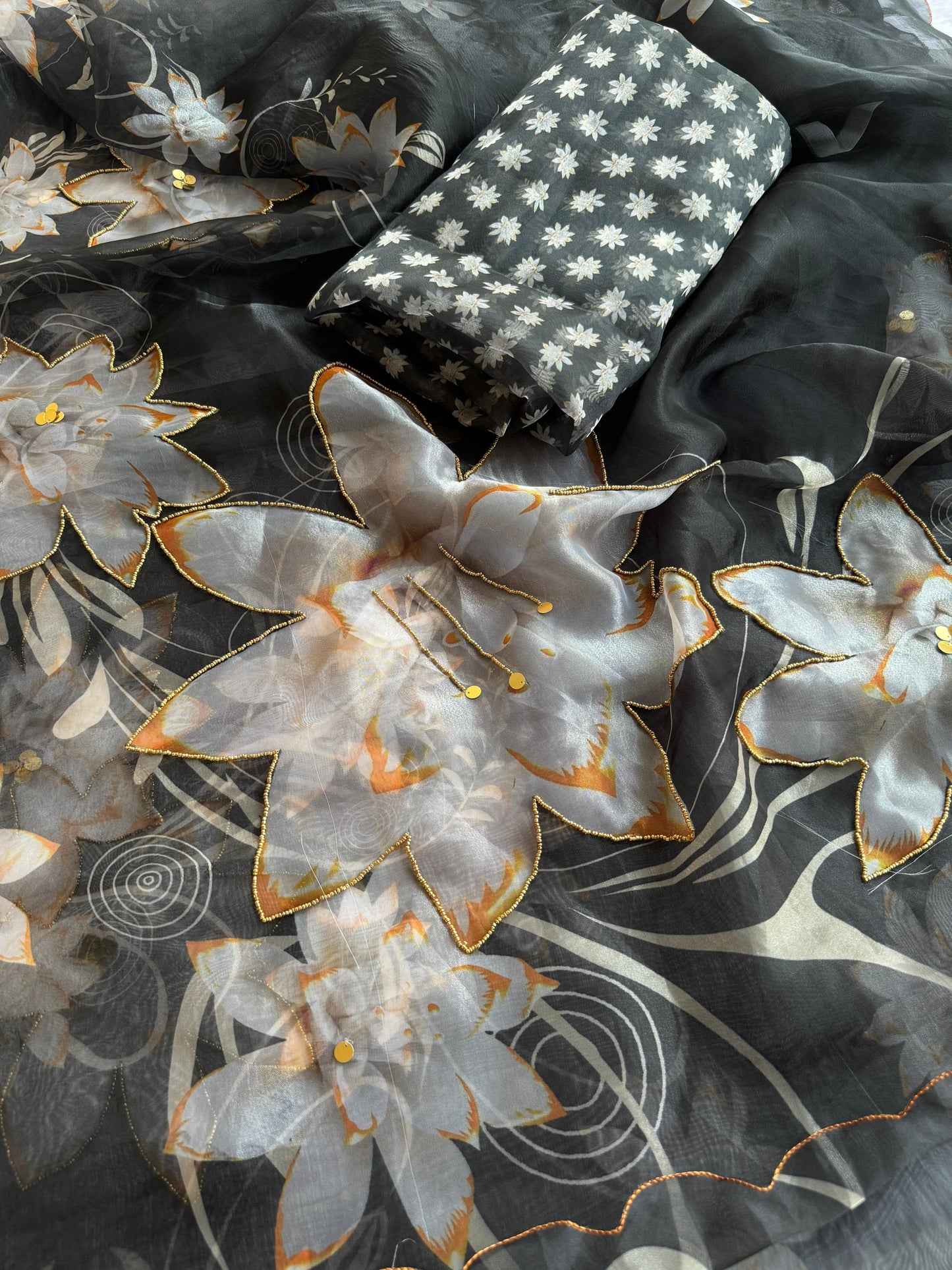 Midnight Bloom Poly Organza Saree with 3D Floral