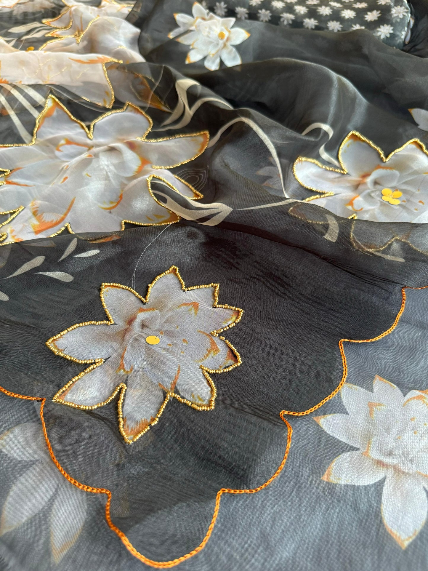 Midnight Bloom Poly Organza Saree with 3D Floral