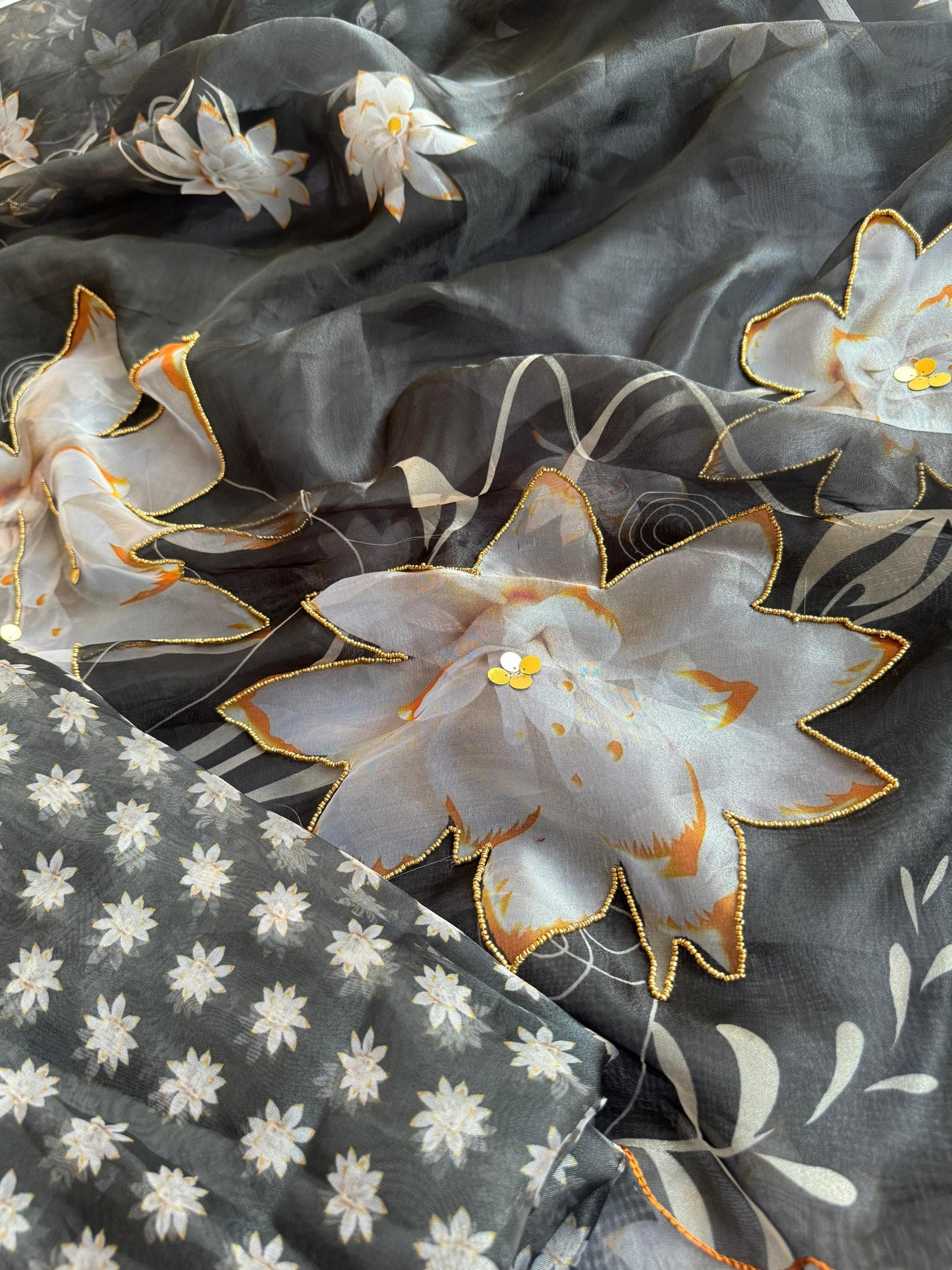 Midnight Bloom Poly Organza Saree with 3D Floral
