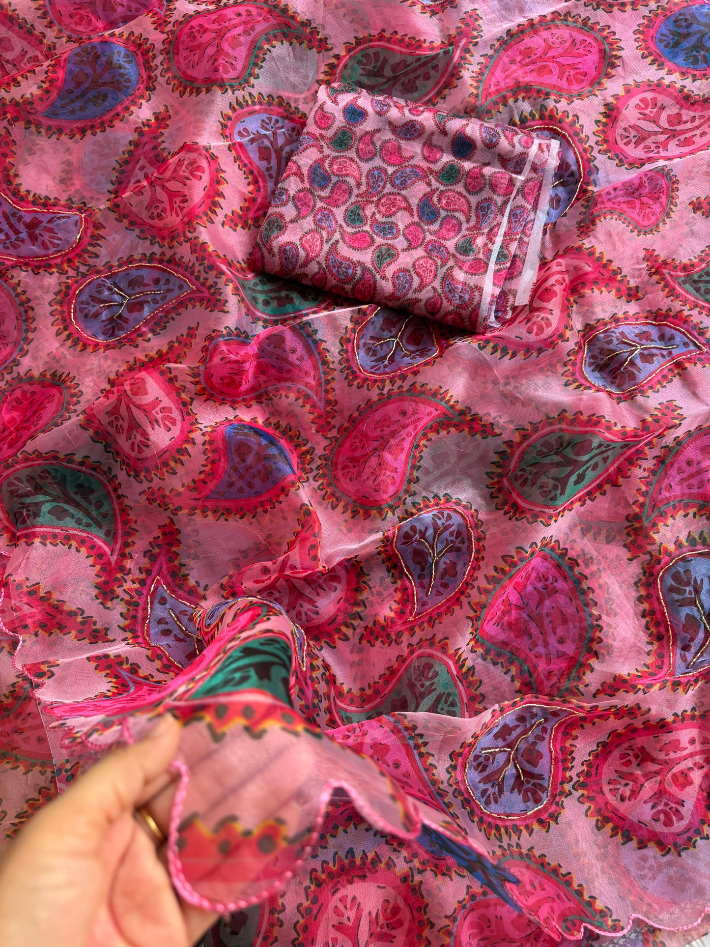 Pink Sky Paisley Print Poly Organza Saree