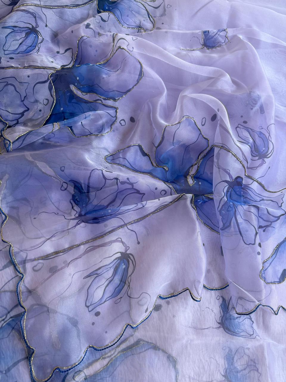 Lavender & Butterfly Blue Hand-Painted Floral Poly Organza Saree