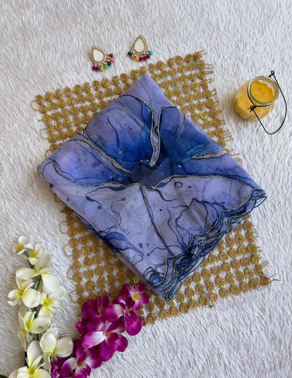 Lavender & Butterfly Blue Hand-Painted Floral Poly Organza Saree