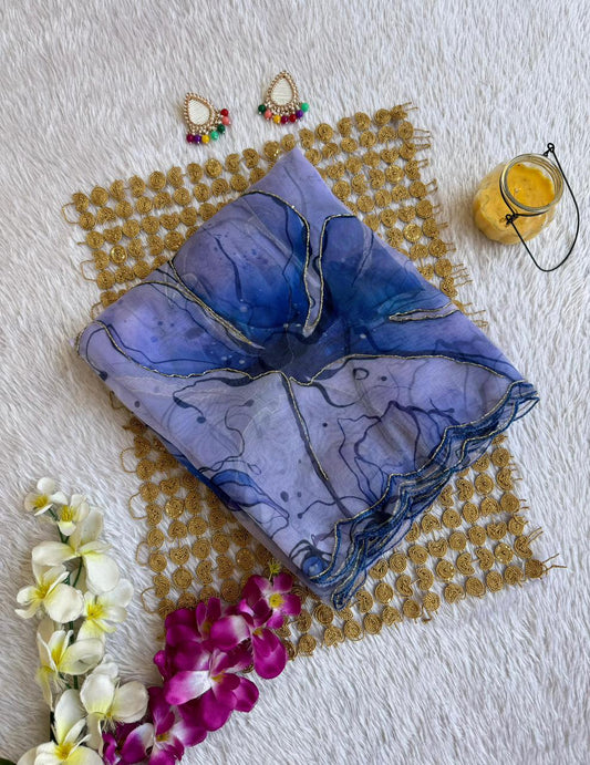 Lavender & Butterfly Blue Hand-Painted Floral Poly Organza Saree