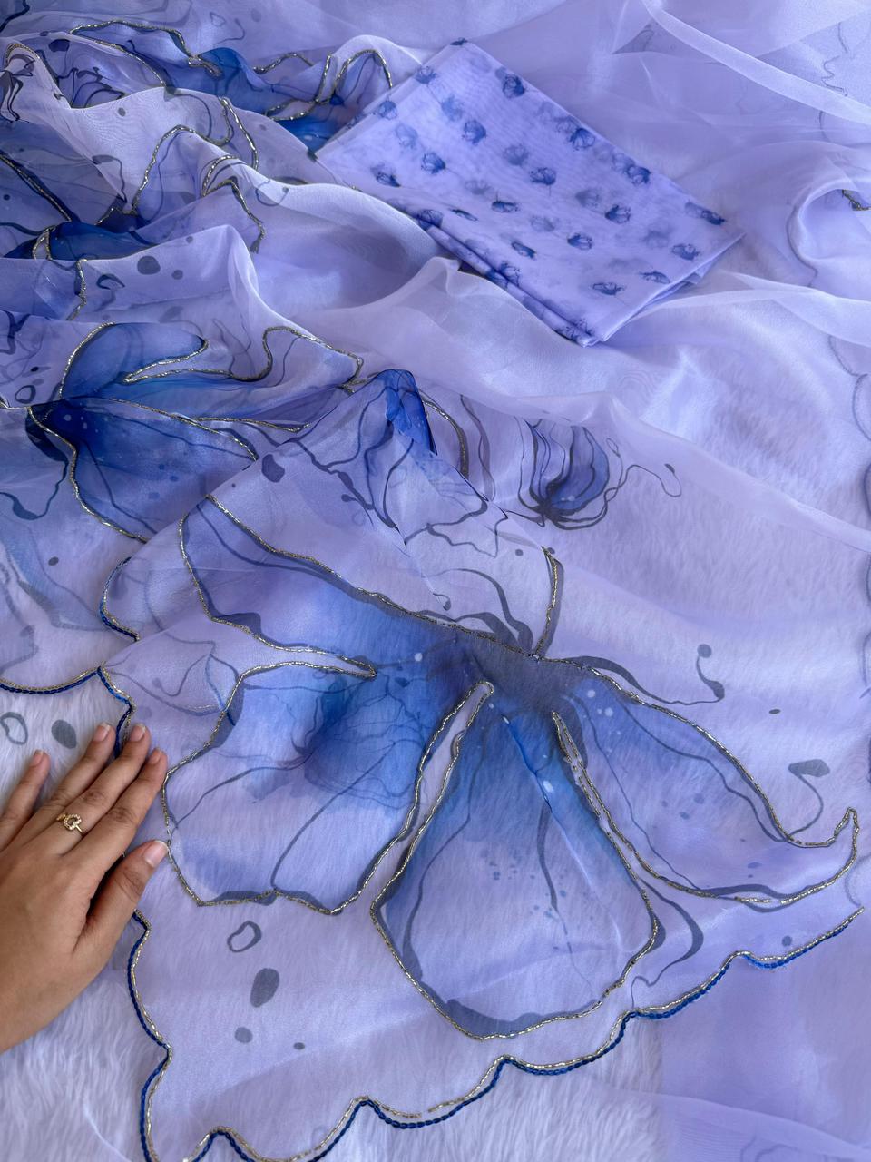 Lavender & Butterfly Blue Hand-Painted Floral Poly Organza Saree