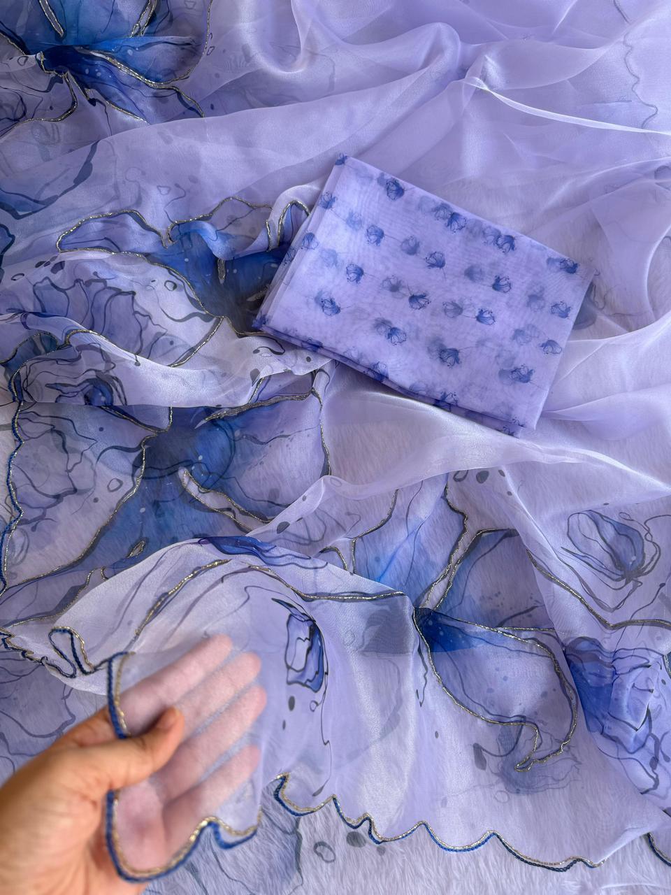 Lavender & Butterfly Blue Hand-Painted Floral Poly Organza Saree