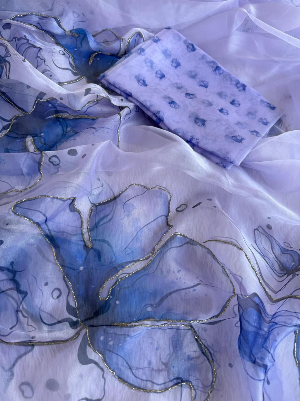 Lavender & Butterfly Blue Hand-Painted Floral Poly Organza Saree
