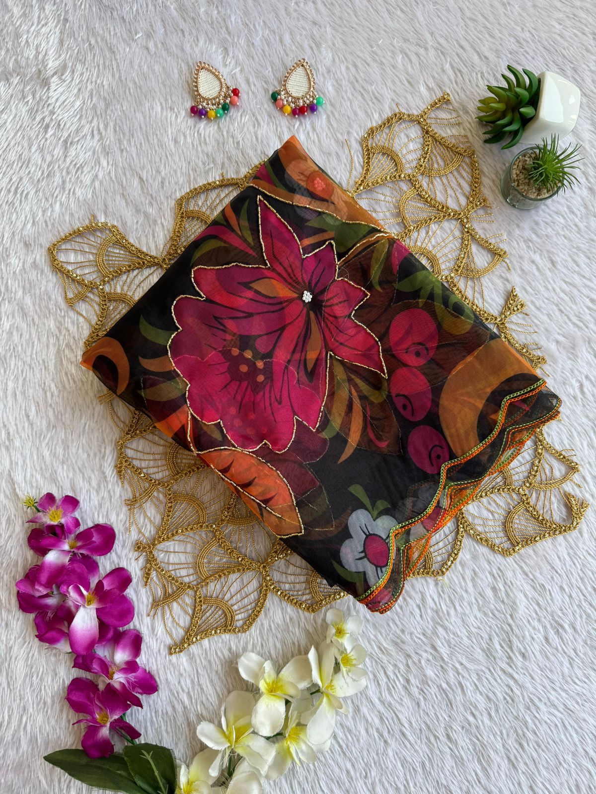 Midnight Black Floral Poly Organza Saree with Vibrant Hand-Painted Blooms