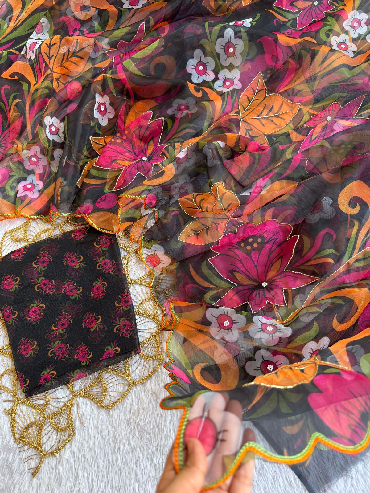 Midnight Black Floral Poly Organza Saree with Vibrant Hand-Painted Blooms