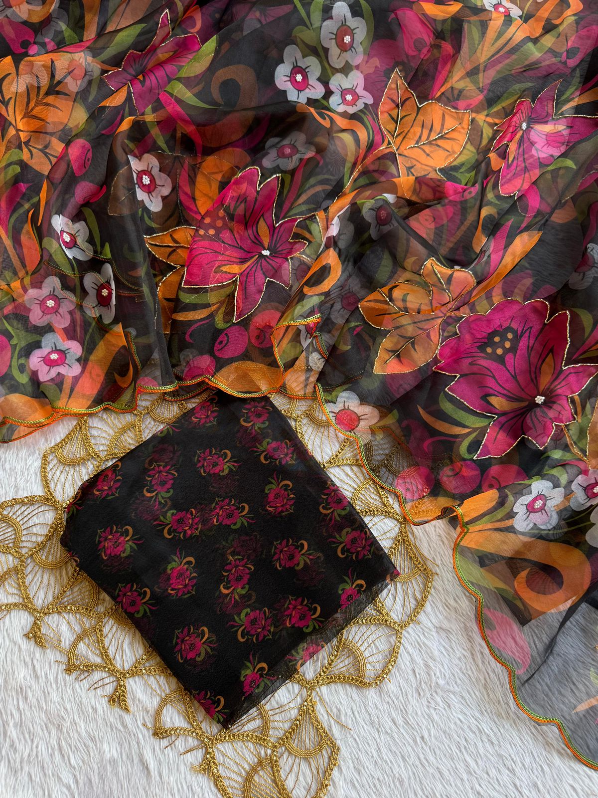 Midnight Black Floral Poly Organza Saree with Vibrant Hand-Painted Blooms