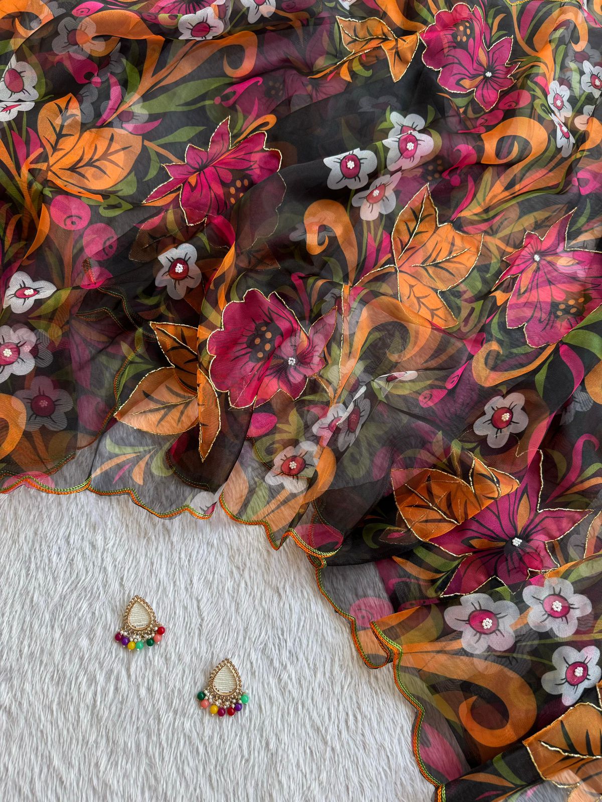 Midnight Black Floral Poly Organza Saree with Vibrant Hand-Painted Blooms
