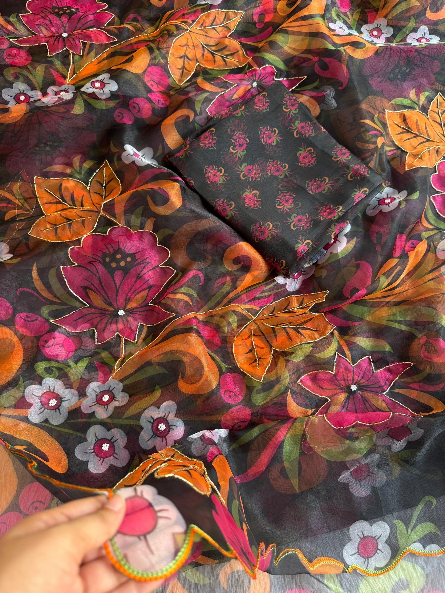 Midnight Black Floral Poly Organza Saree with Vibrant Hand-Painted Blooms