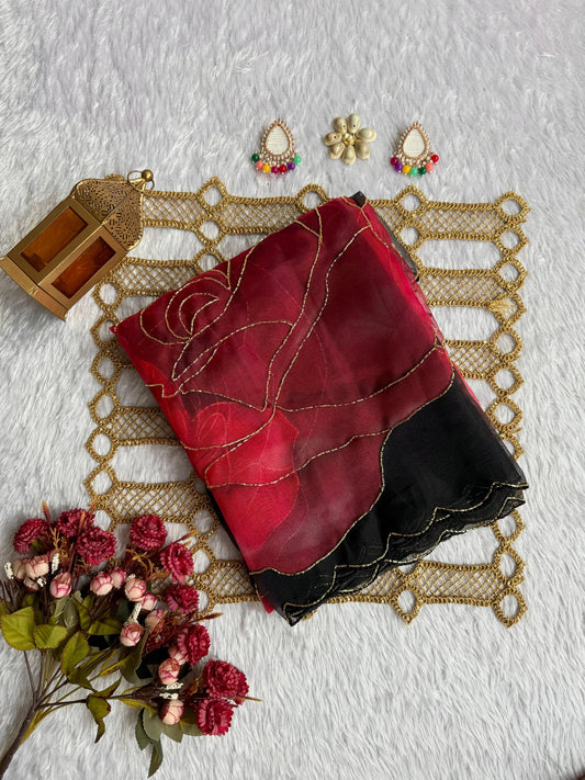 Crimson Noir Rose Poly Organza Saree with Gold Metallic Outlines
