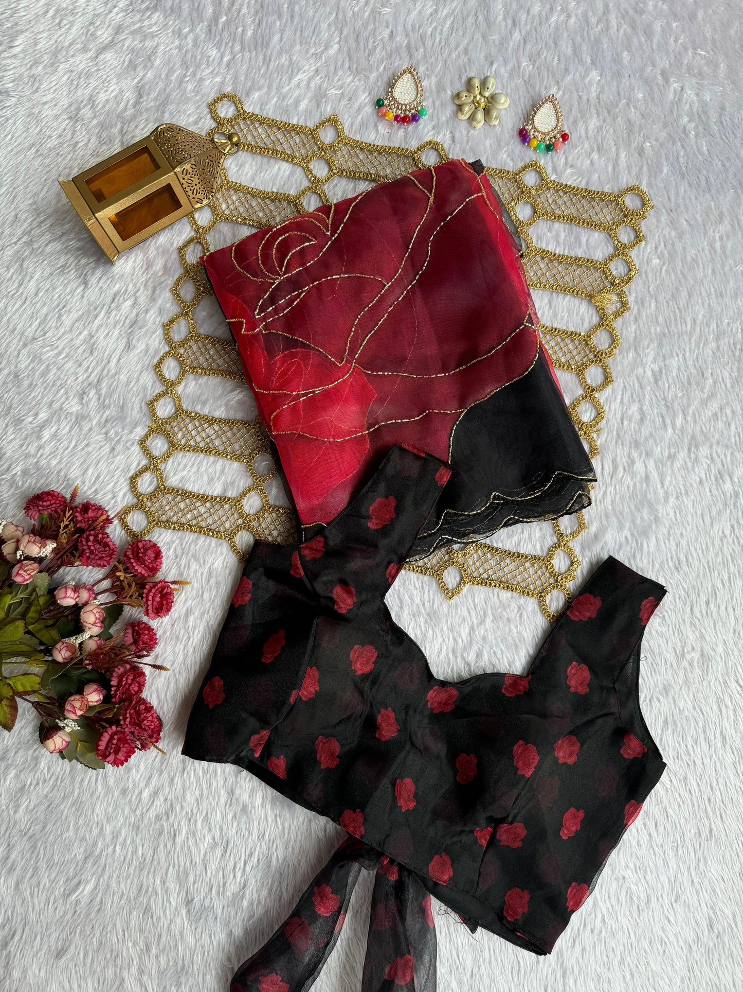 Crimson Noir Rose Poly Organza Saree with Gold Metallic Outlines