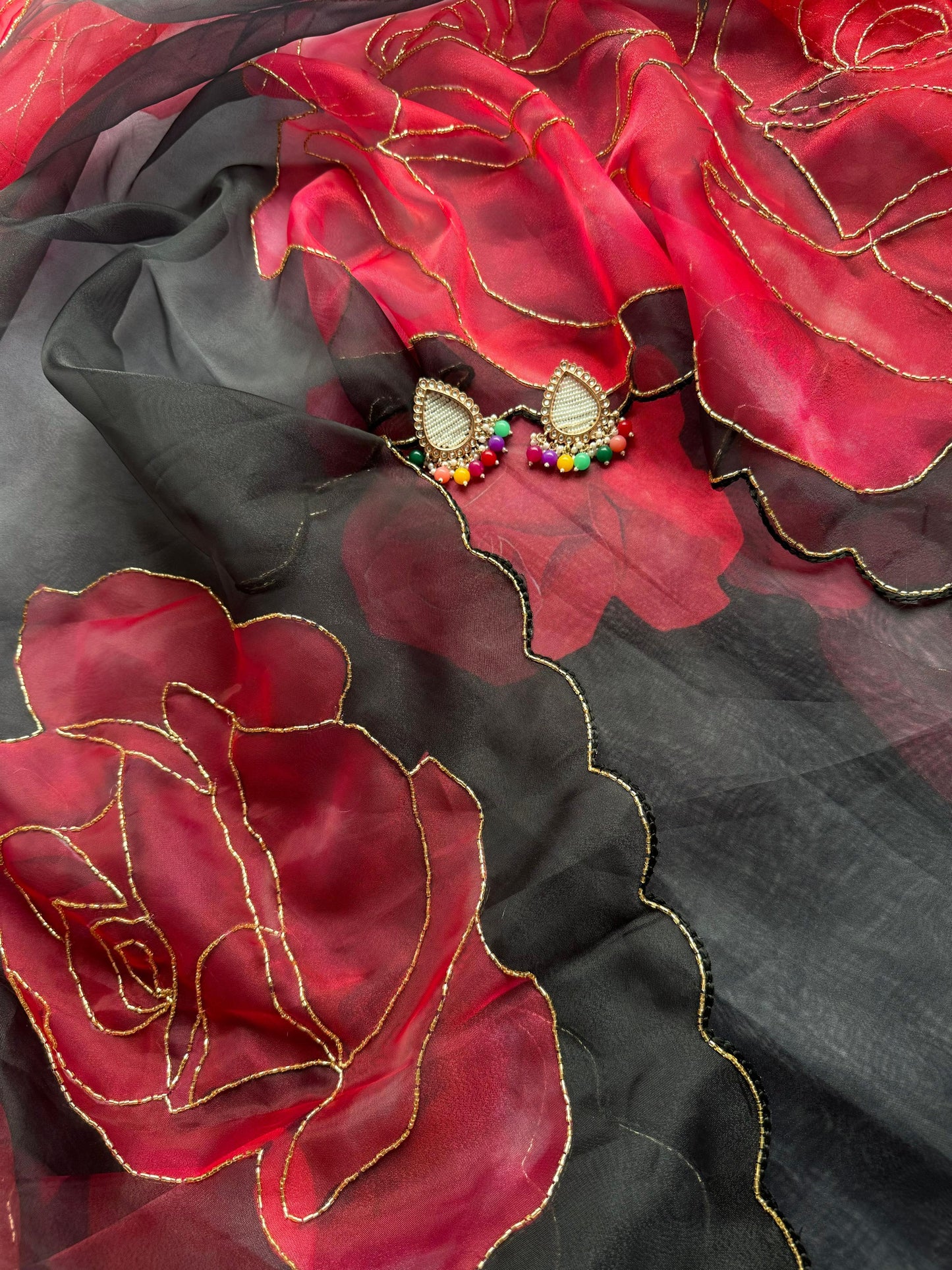 Crimson Noir Rose Poly Organza Saree with Gold Metallic Outlines