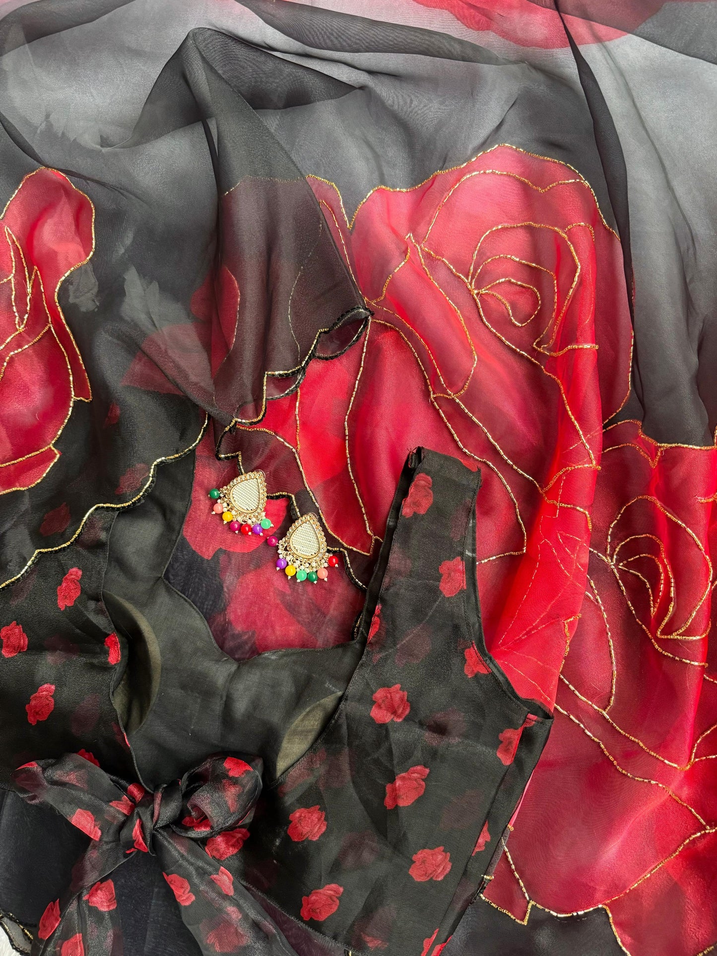 Crimson Noir Rose Poly Organza Saree with Gold Metallic Outlines