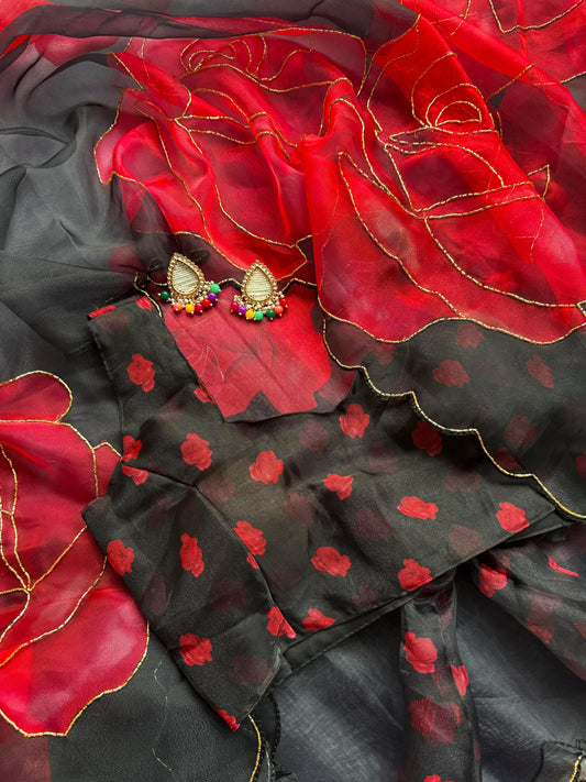 Crimson Noir Rose Poly Organza Saree with Gold Metallic Outlines