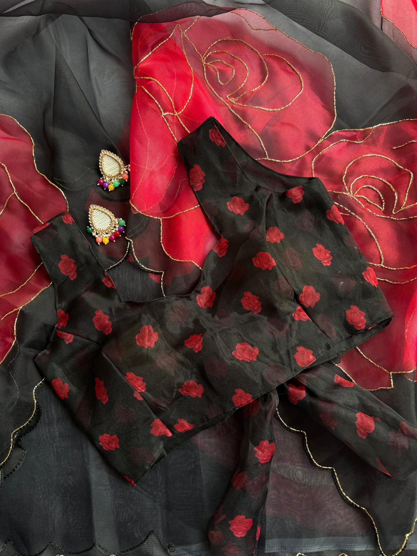 Crimson Noir Rose Poly Organza Saree with Gold Metallic Outlines