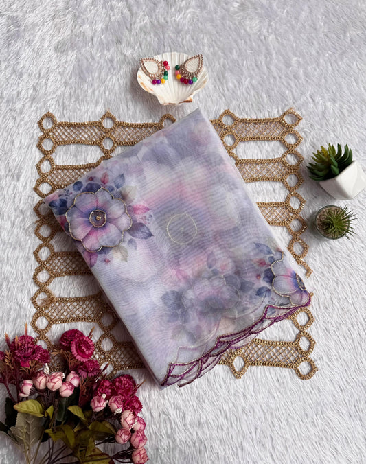 Ethereal Lavender & Butterfly Blue Floral Poly Organza Saree