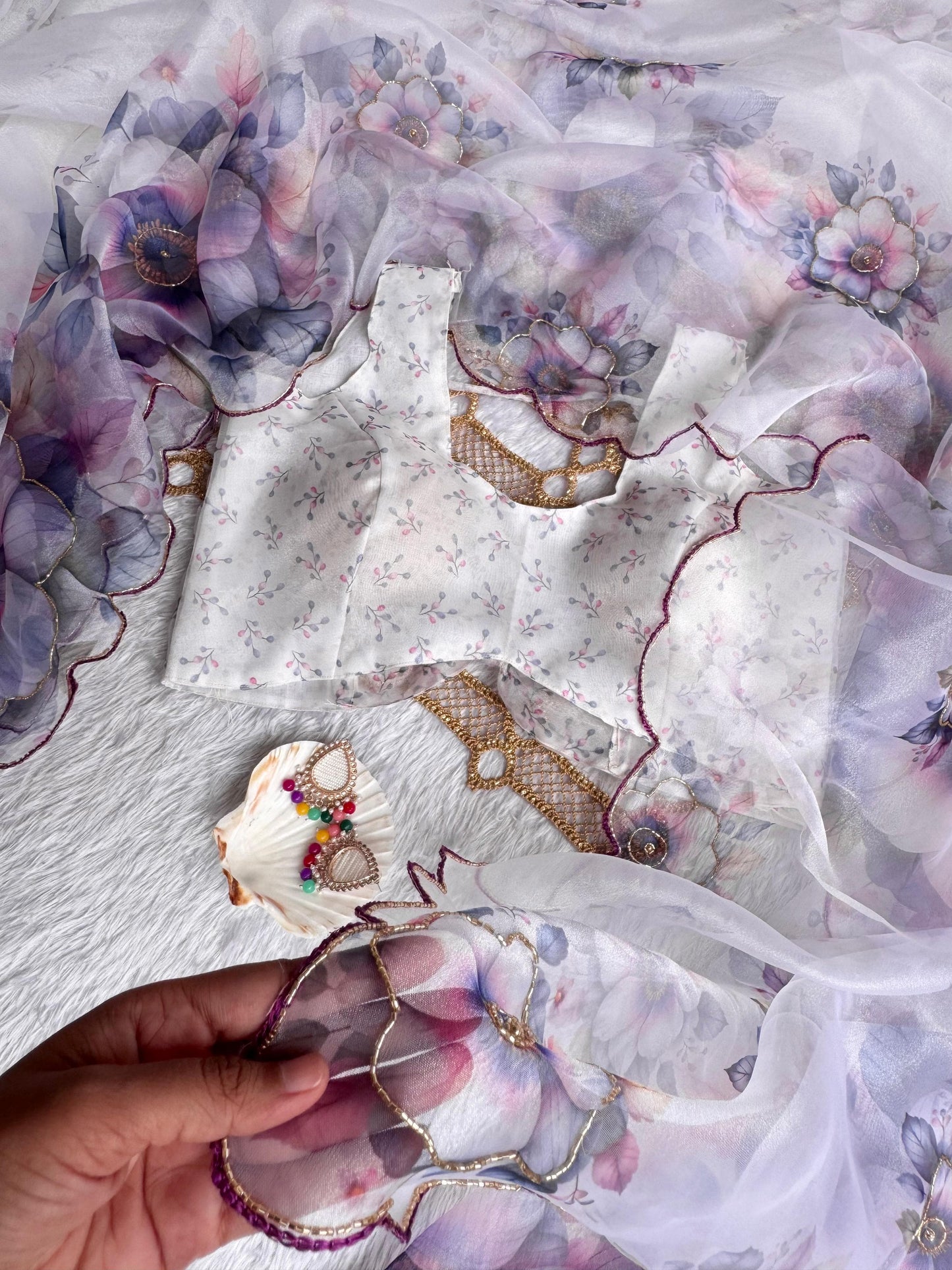 Ethereal Lavender & Butterfly Blue Floral Poly Organza Saree