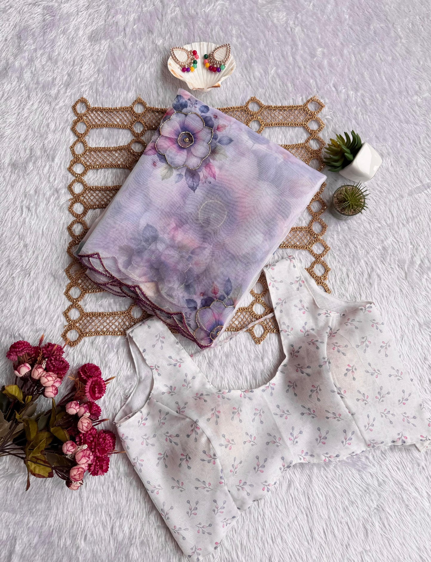 Ethereal Lavender & Butterfly Blue Floral Poly Organza Saree