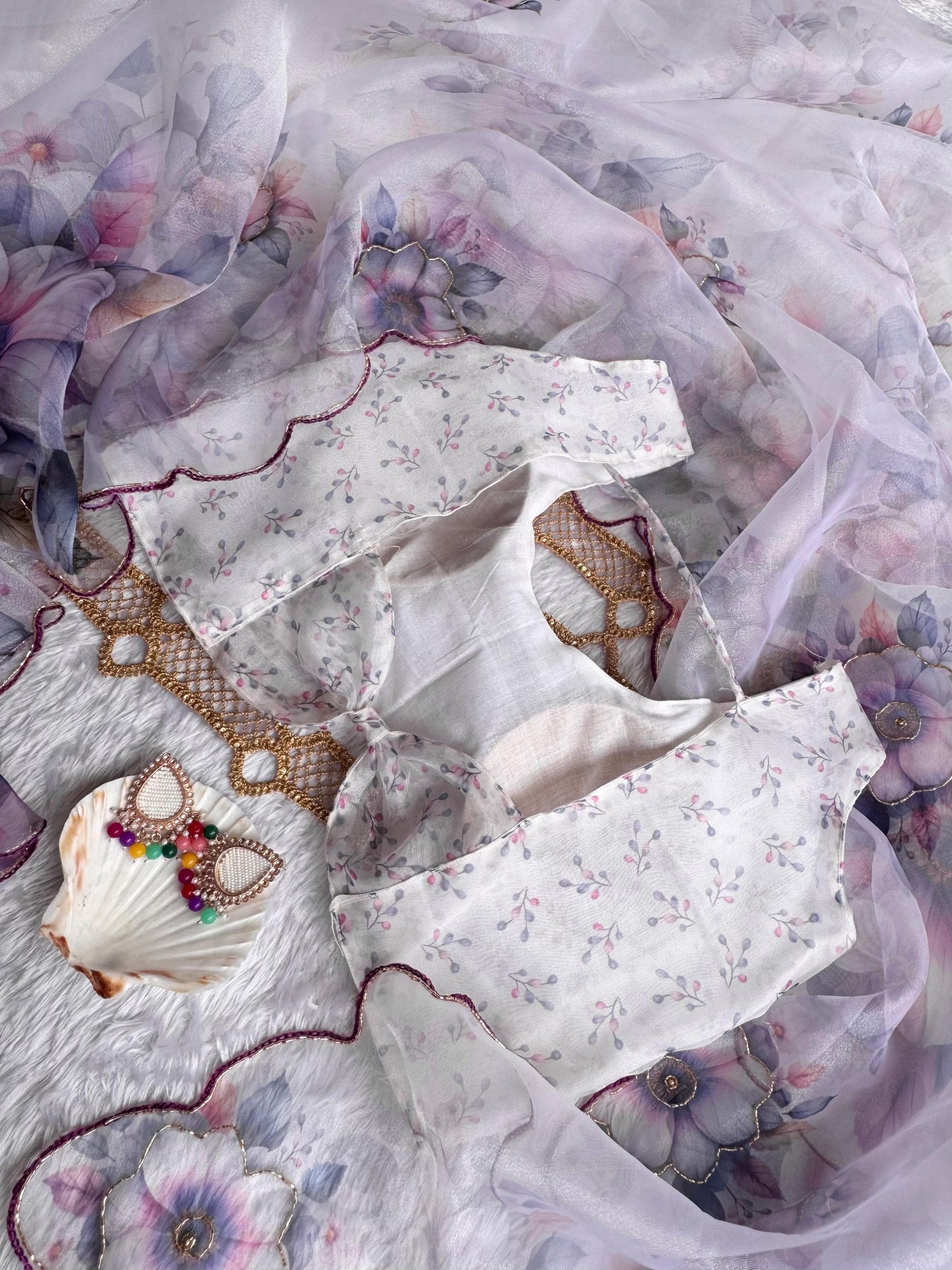 Ethereal Lavender & Butterfly Blue Floral Poly Organza Saree
