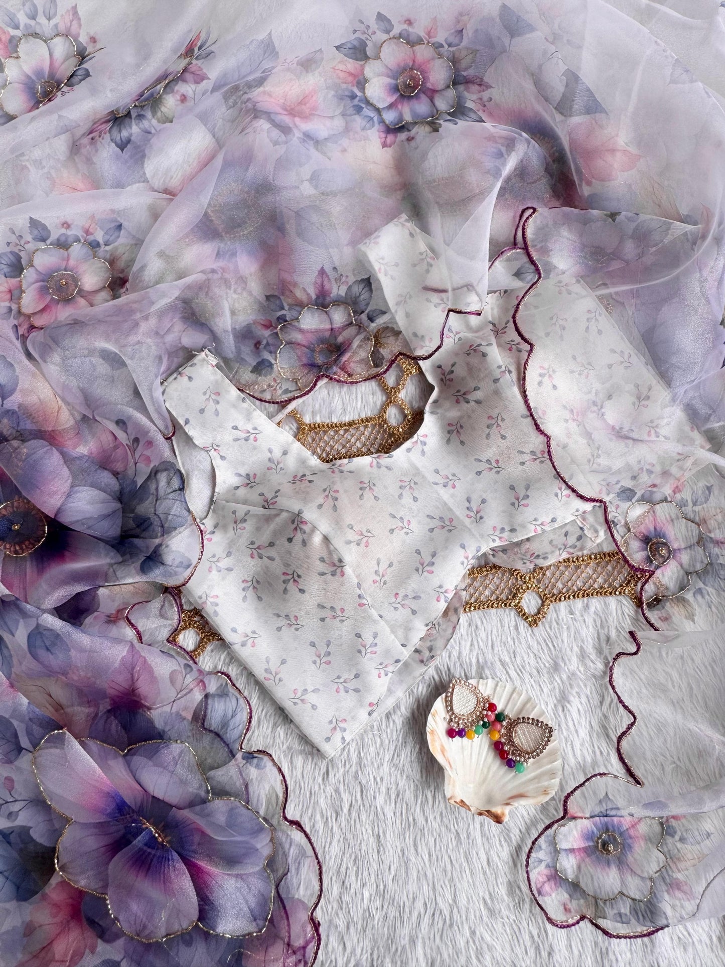 Ethereal Lavender & Butterfly Blue Floral Poly Organza Saree