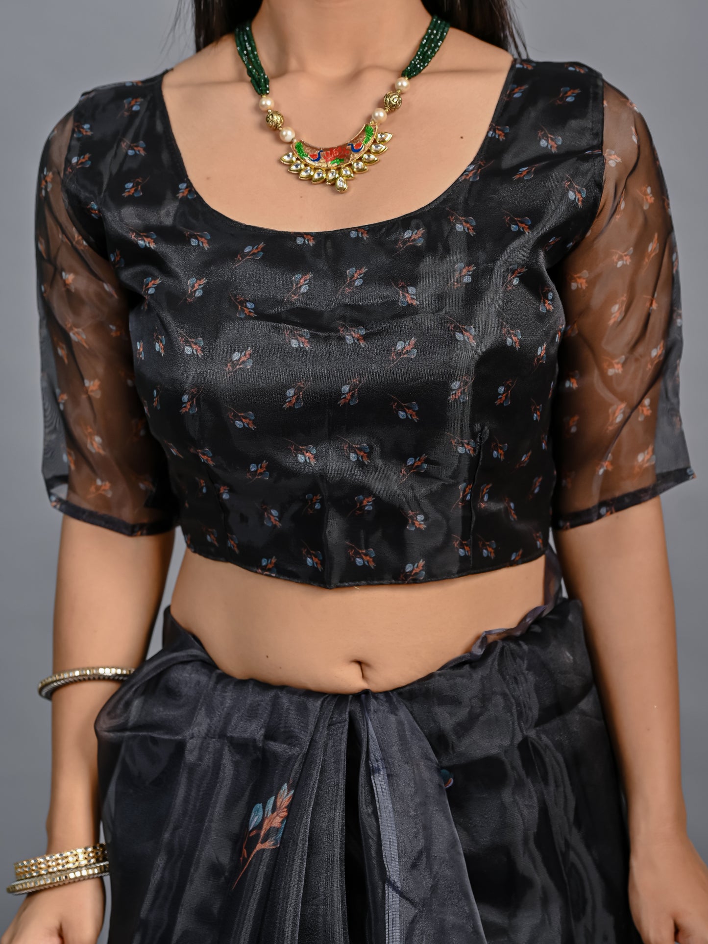 Black Pearl Poly Organza Saree with Vintage Blush Floral Art