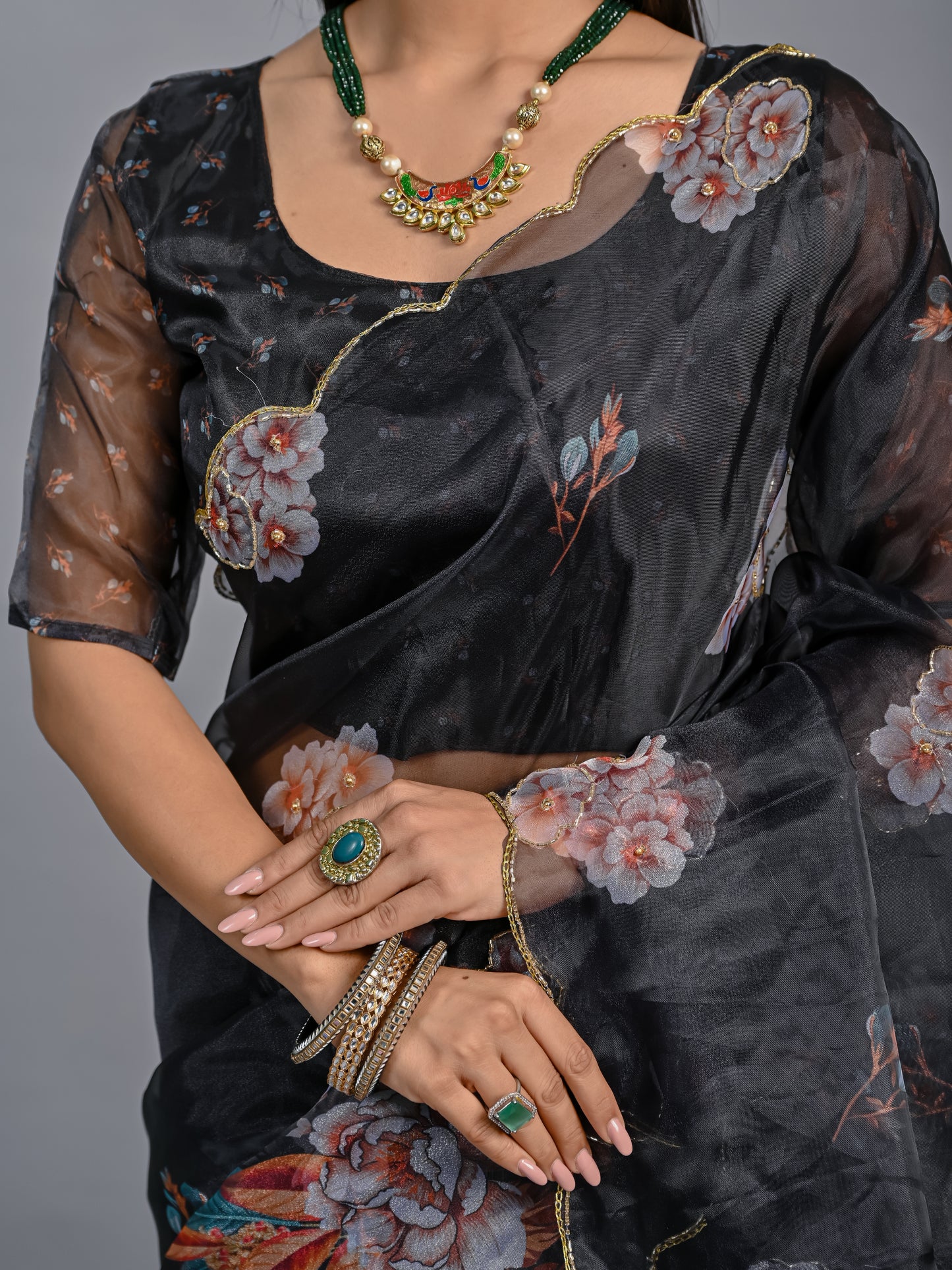 Black Pearl Poly Organza Saree with Vintage Blush Floral Art