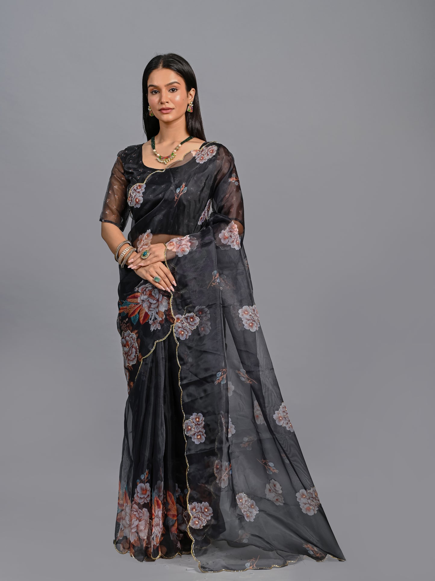 Black Pearl Poly Organza Saree with Vintage Blush Floral Art