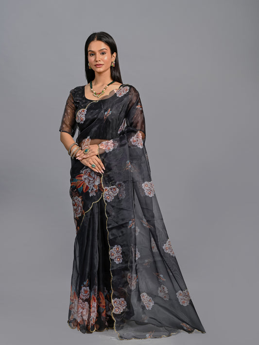 Black Pearl Poly Organza Saree with Vintage Blush Floral Art