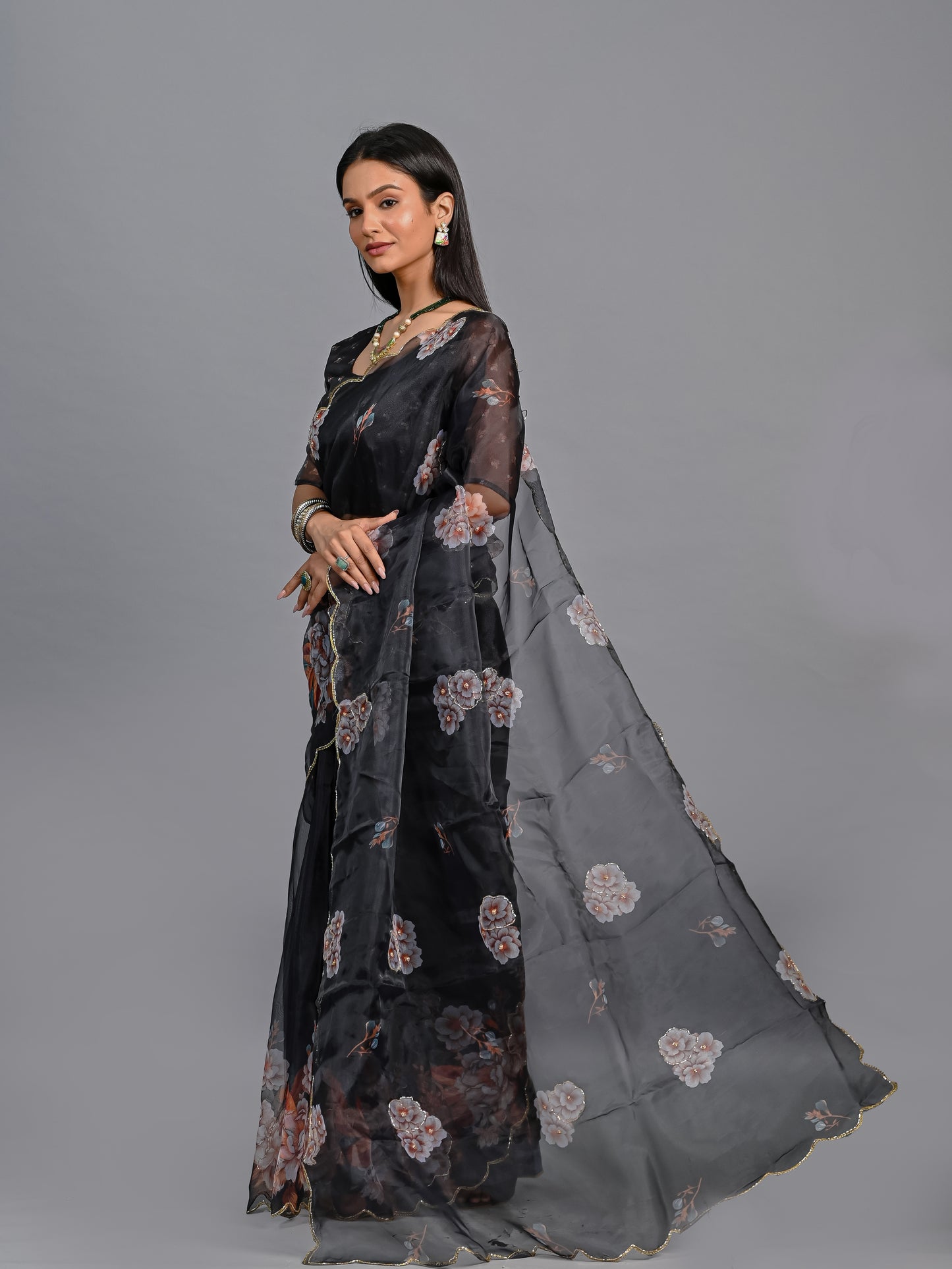 Black Pearl Poly Organza Saree with Vintage Blush Floral Art