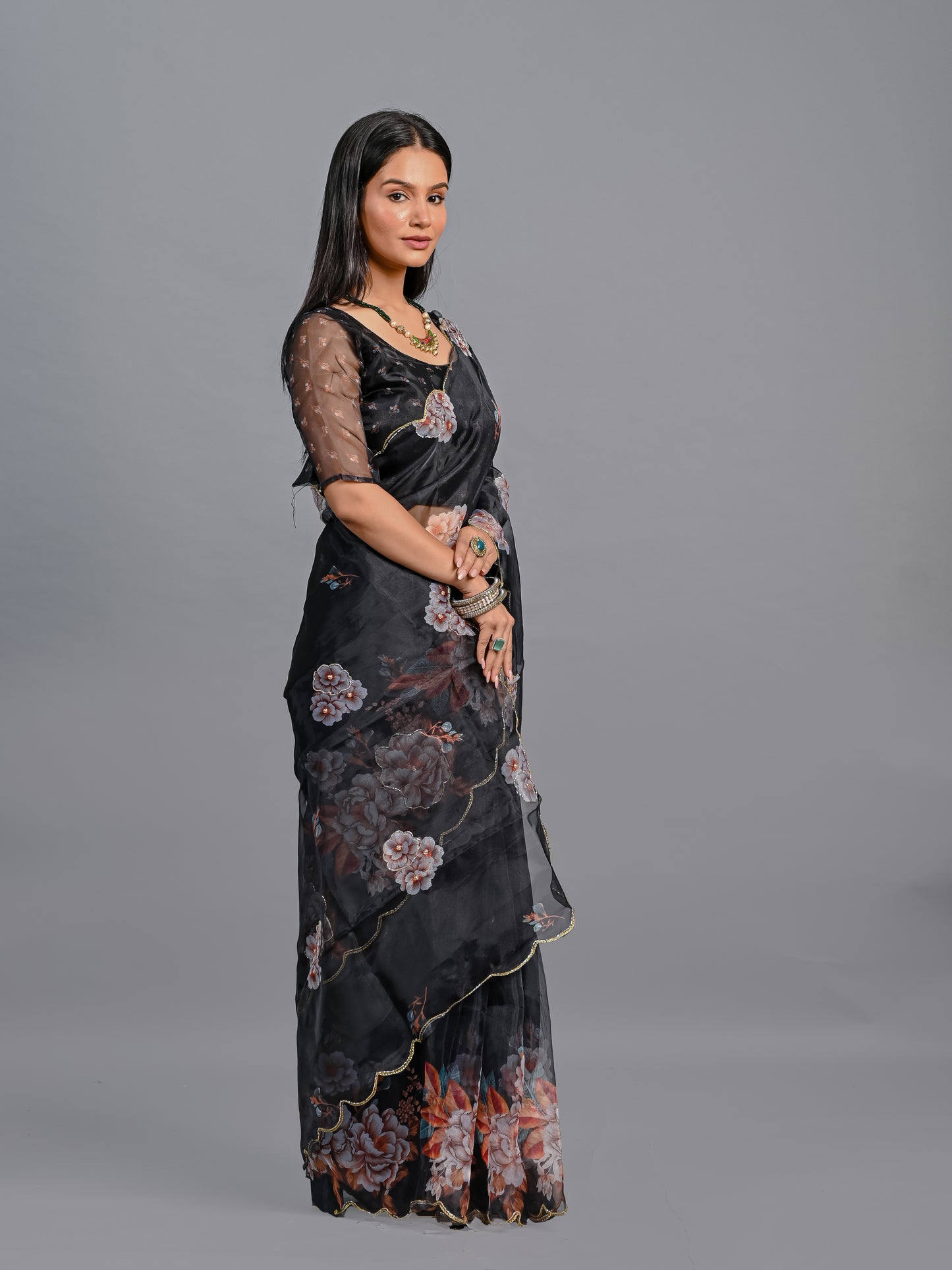 Black Pearl Poly Organza Saree with Vintage Blush Floral Art